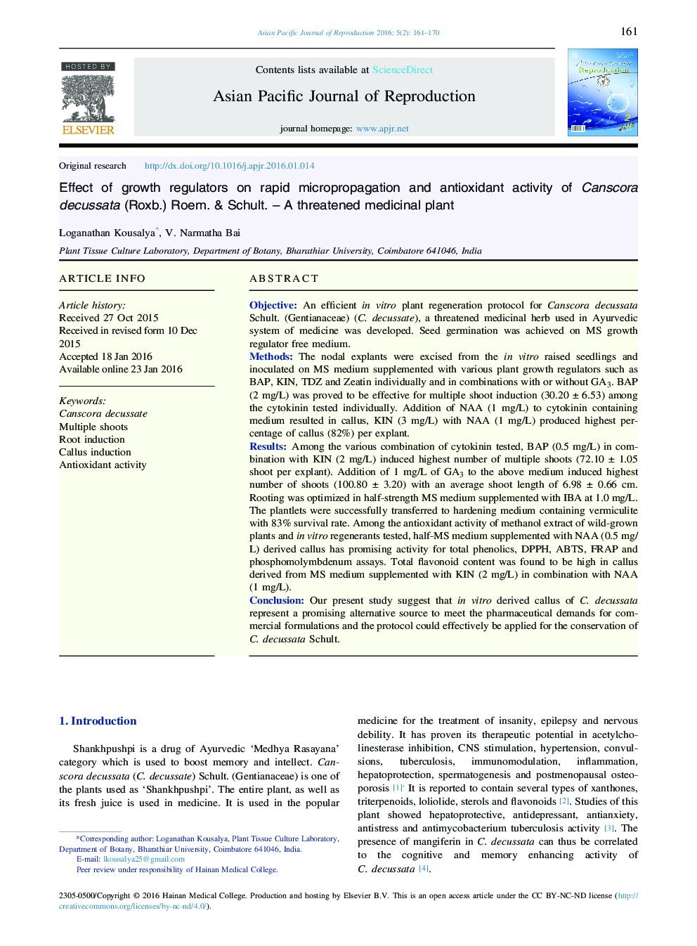 عکس صفحه اول مقاله: Effect of growth regulators on rapid micropropagation and antioxidant activity of Canscora decussata (Roxb.) Roem. & Schult. – A threatened medicinal plant Effect of growth regulators on rapid micropropagation and antioxidant activity of Canscora decussata (Roxb.) Roem. & Schult. – A threatened medicinal plant