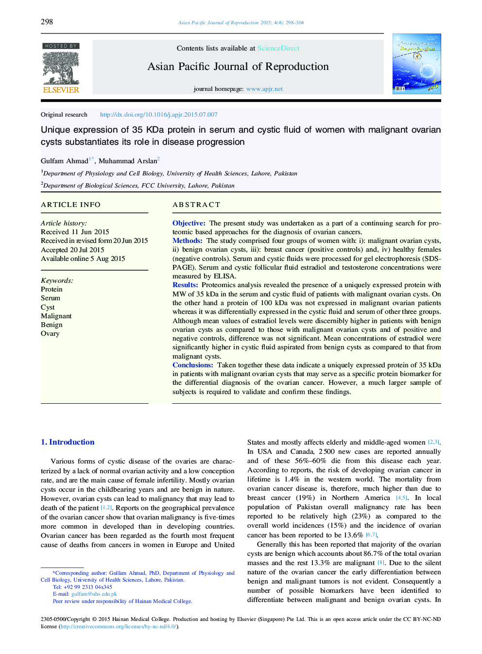 Unique expression of 35 KDa protein in serum and cystic fluid of women with malignant ovarian cysts substantiates its role in disease progression 