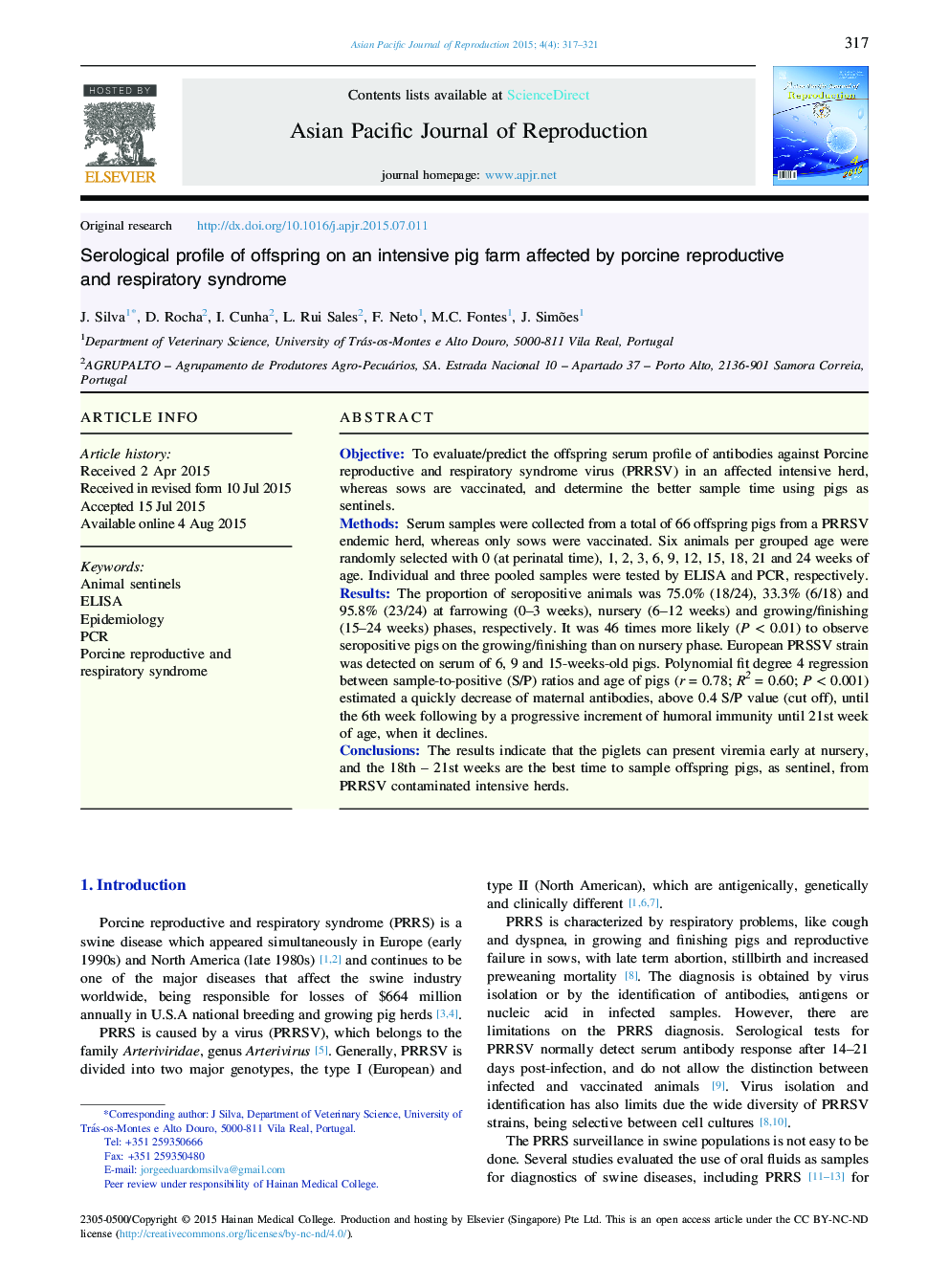 Serological profile of offspring on an intensive pig farm affected by porcine reproductive and respiratory syndrome 