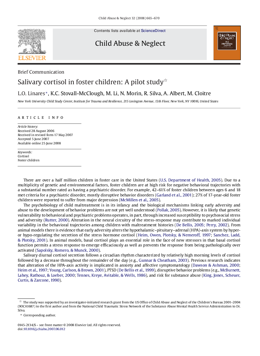 Salivary cortisol in foster children: A pilot study