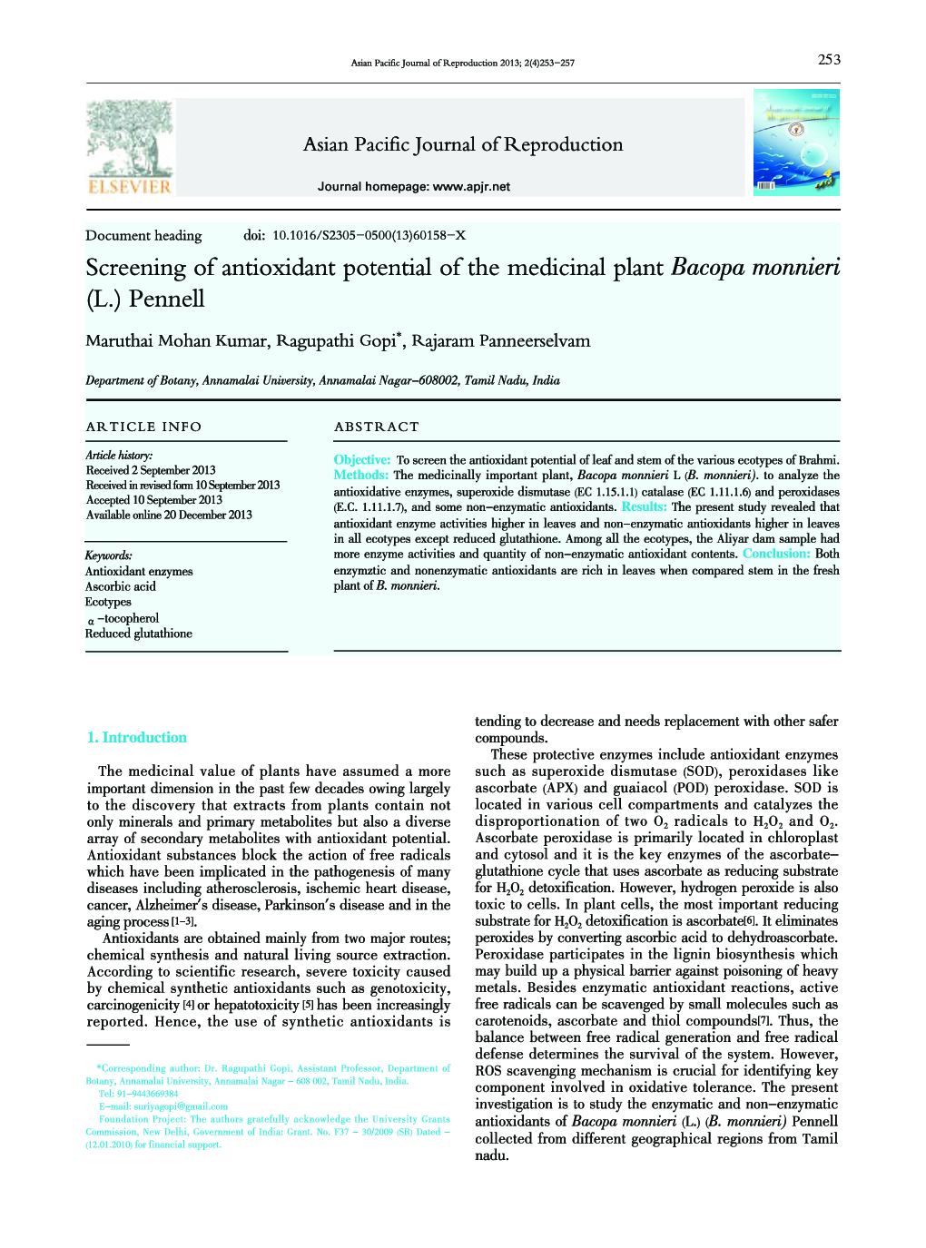 Screening of antioxidant potential of the medicinal plant Bacopa monnieri (L.) Pennell 