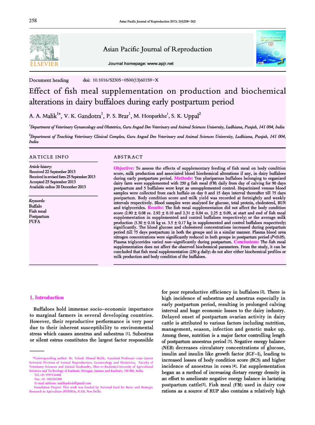 Effect of fish meal supplementation on production and biochemical alterations in dairy buffaloes during early postpartum period 