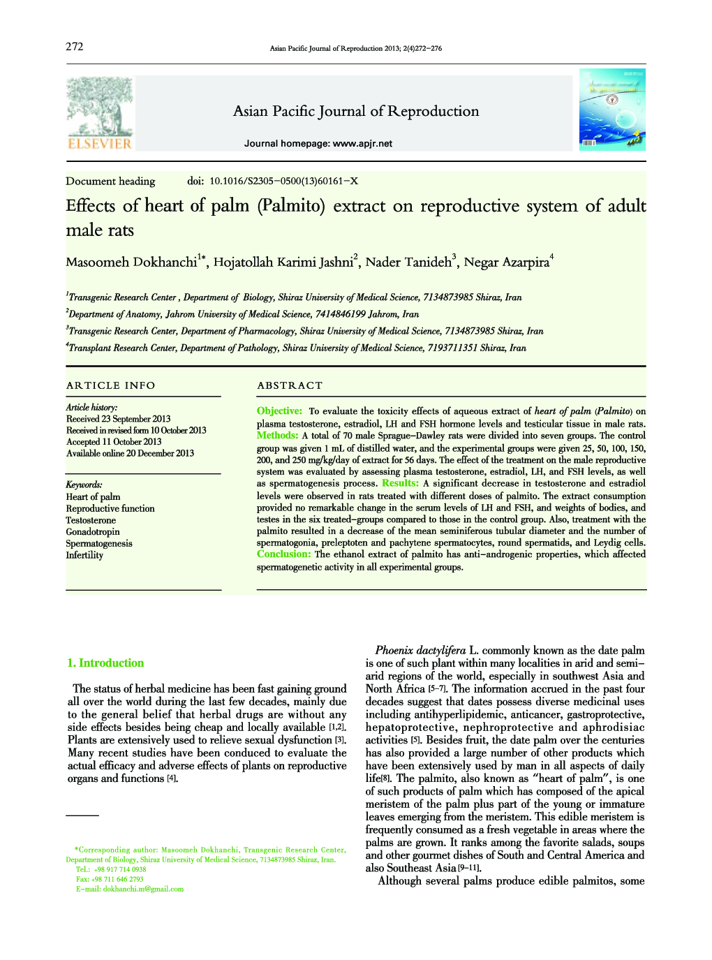 Effects of heart of palm (Palmito) extract on reproductive system of adult male rats 