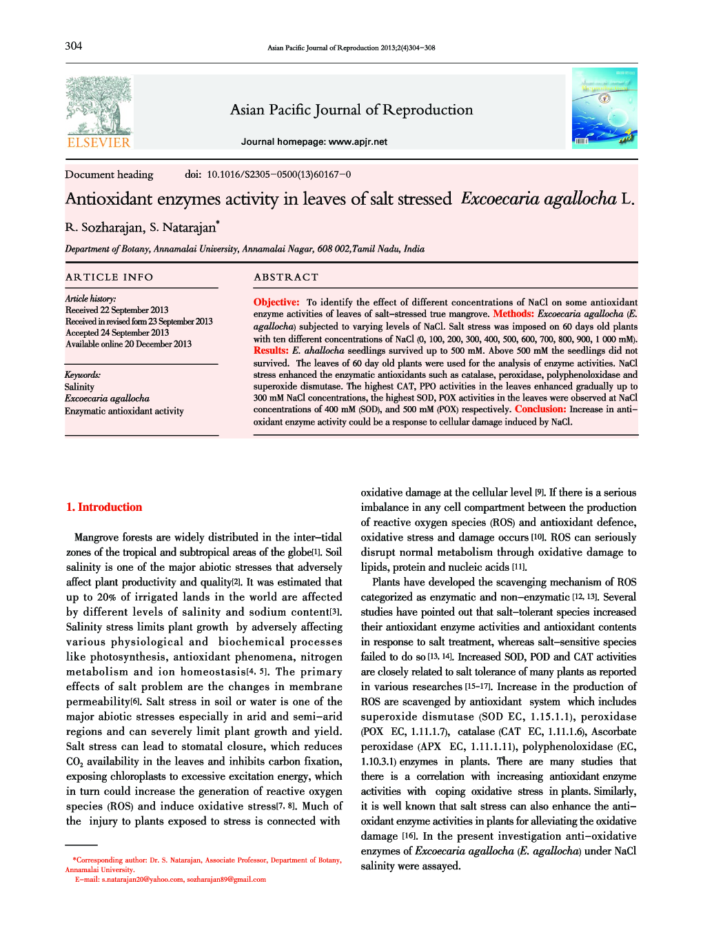 Antioxidant enzymes activity in leaves of salt stressed Excoecaria agallocha L. 