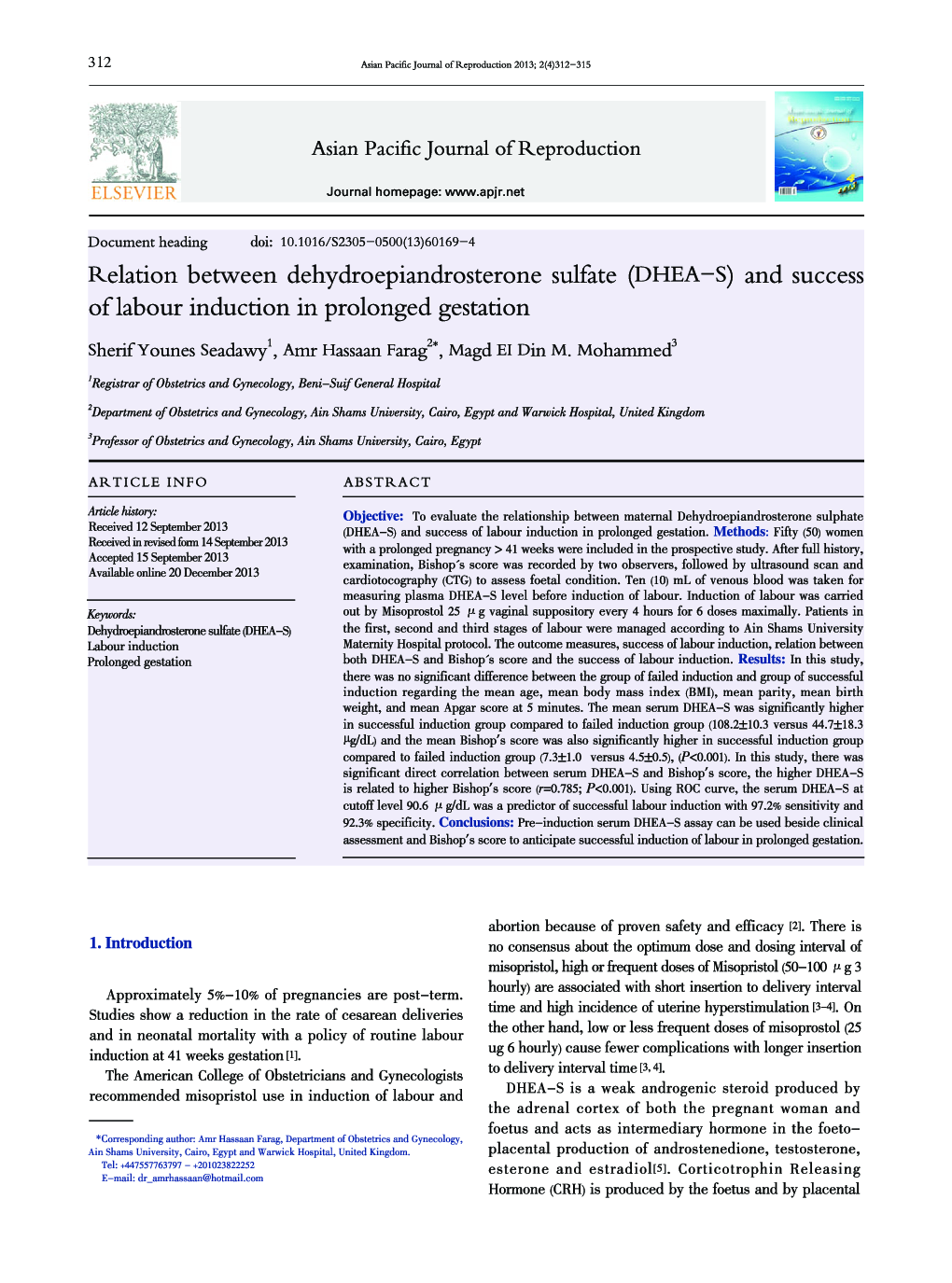 Relation between dehydroepiandrosterone sulfate (DHEA-S) and success of labour induction in prolonged gestation 