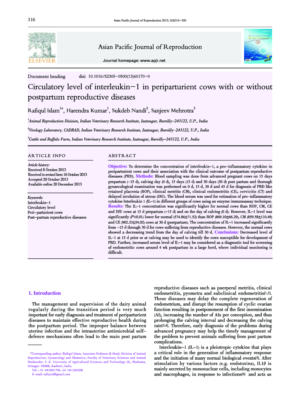 Circulatory level of interleukin-1 in periparturient cows with or without postpartum reproductive diseases 