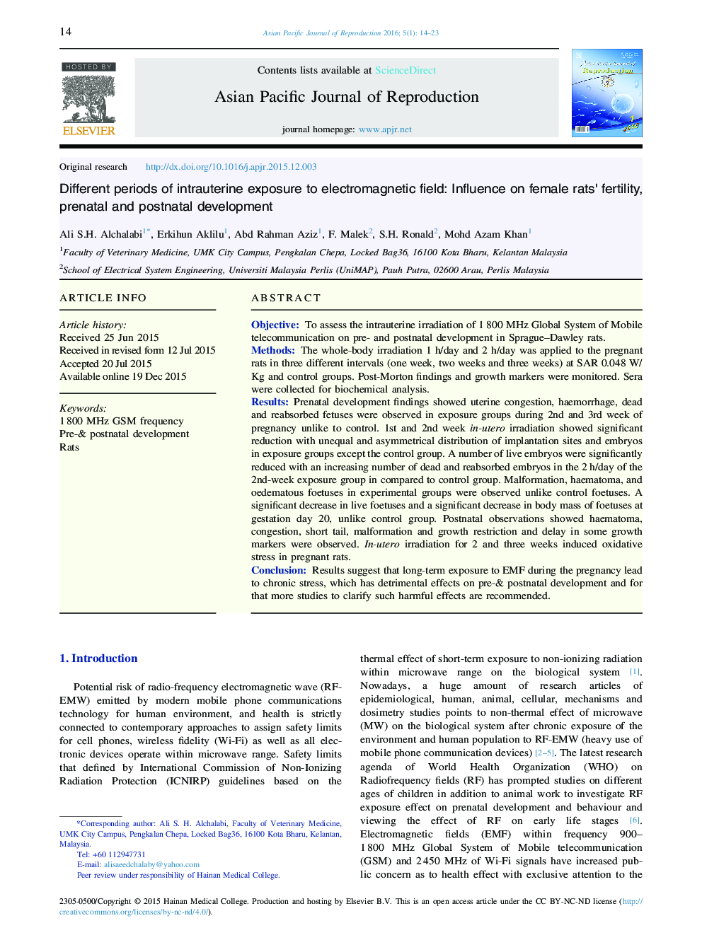 Different periods of intrauterine exposure to electromagnetic field: Influence on female rats' fertility, prenatal and postnatal development 