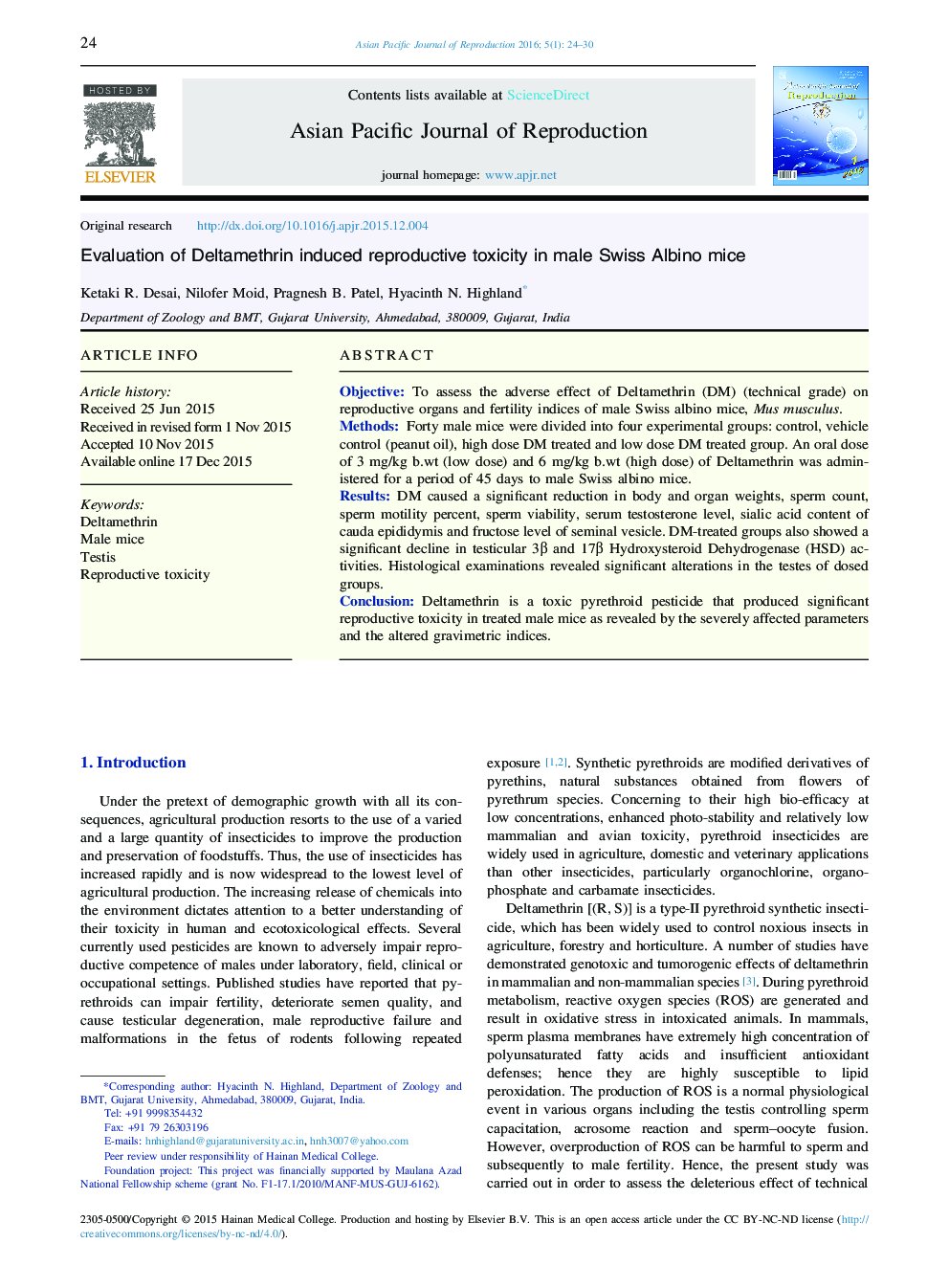 Evaluation of Deltamethrin induced reproductive toxicity in male Swiss Albino mice 