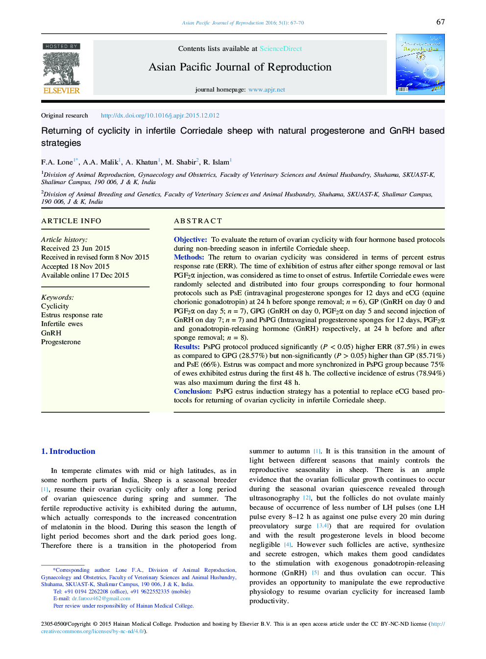 Returning of cyclicity in infertile Corriedale sheep with natural progesterone and GnRH based strategies 