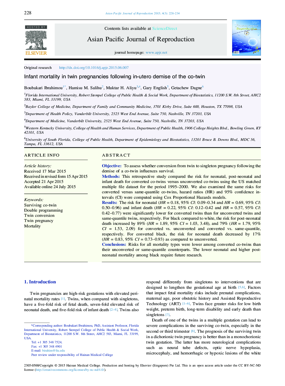 Infant mortality in twin pregnancies following in-utero demise of the co-twin 