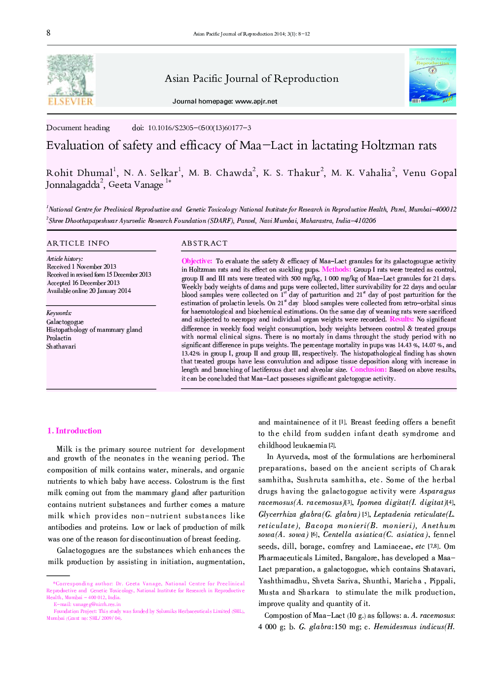 Evaluation of safety and efficacy of Maa-Lact in lactating Holtzman rats 