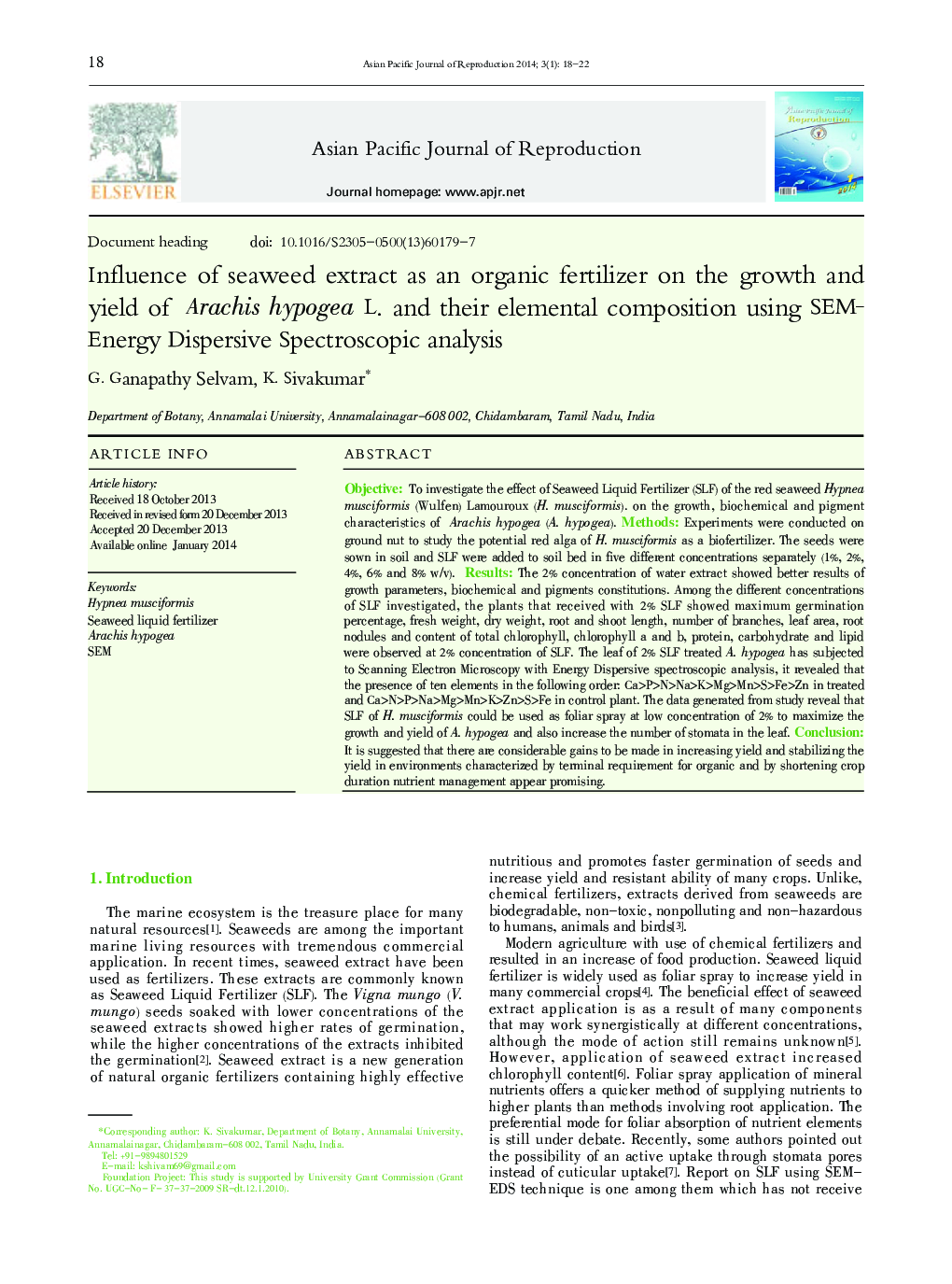 Influence of seaweed extract as an organic fertilizer on the growth and yield of Arachis hypogea L. and their elemental composition using SEM–Energy Dispersive Spectroscopic analysis 
