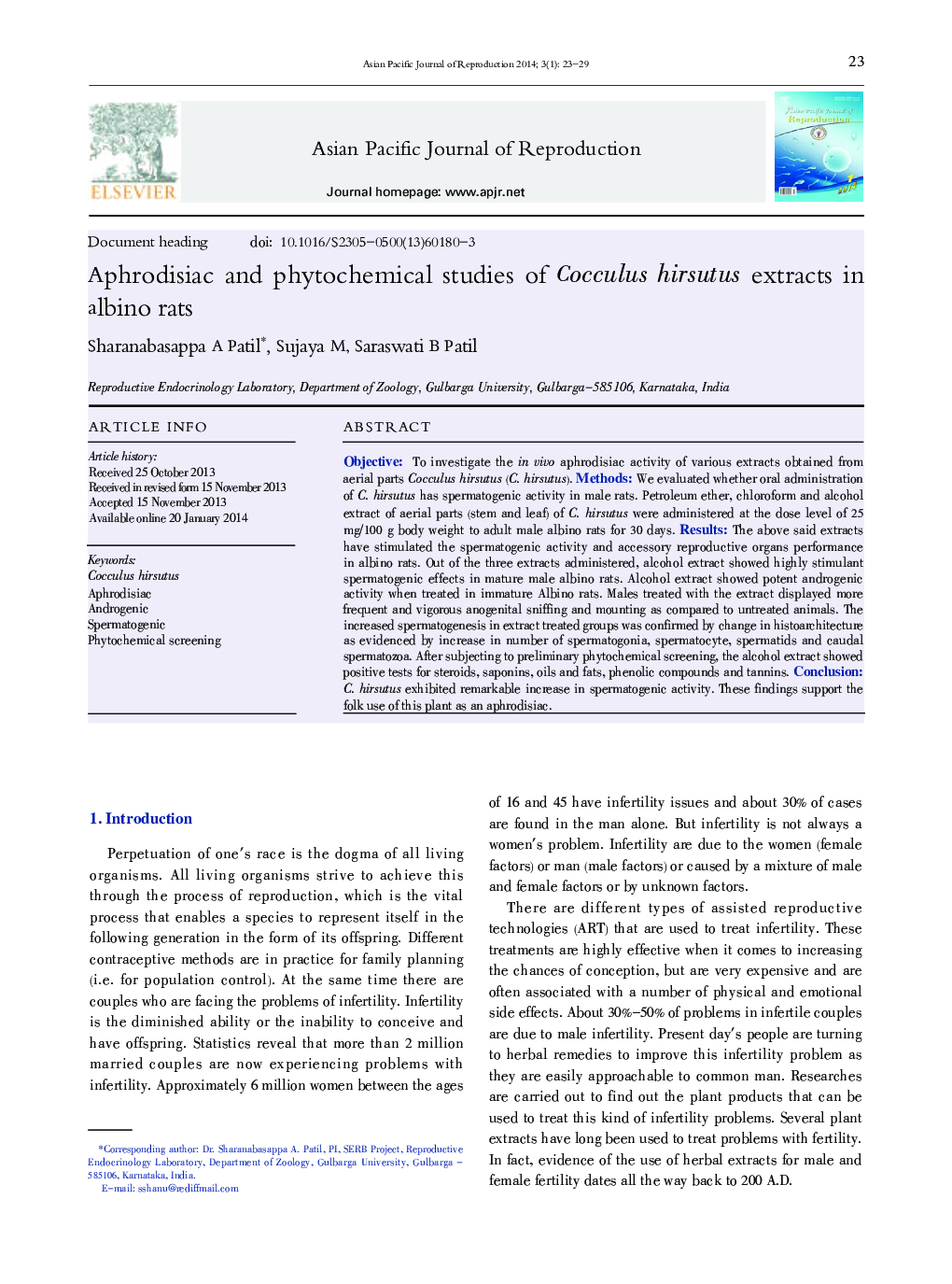 Aphrodisiac and phytochemical studies of Cocculus hirsutus extracts in albino rats 