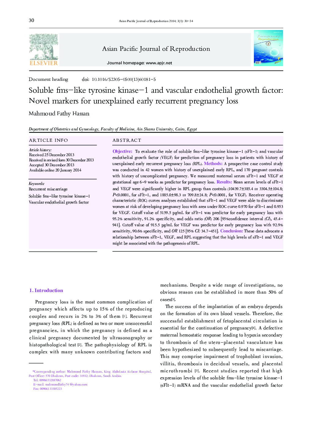 Soluble fms-like tyrosine kinase-1 and vascular endothelial growth factor: Novel markers for unexplained early recurrent pregnancy loss 