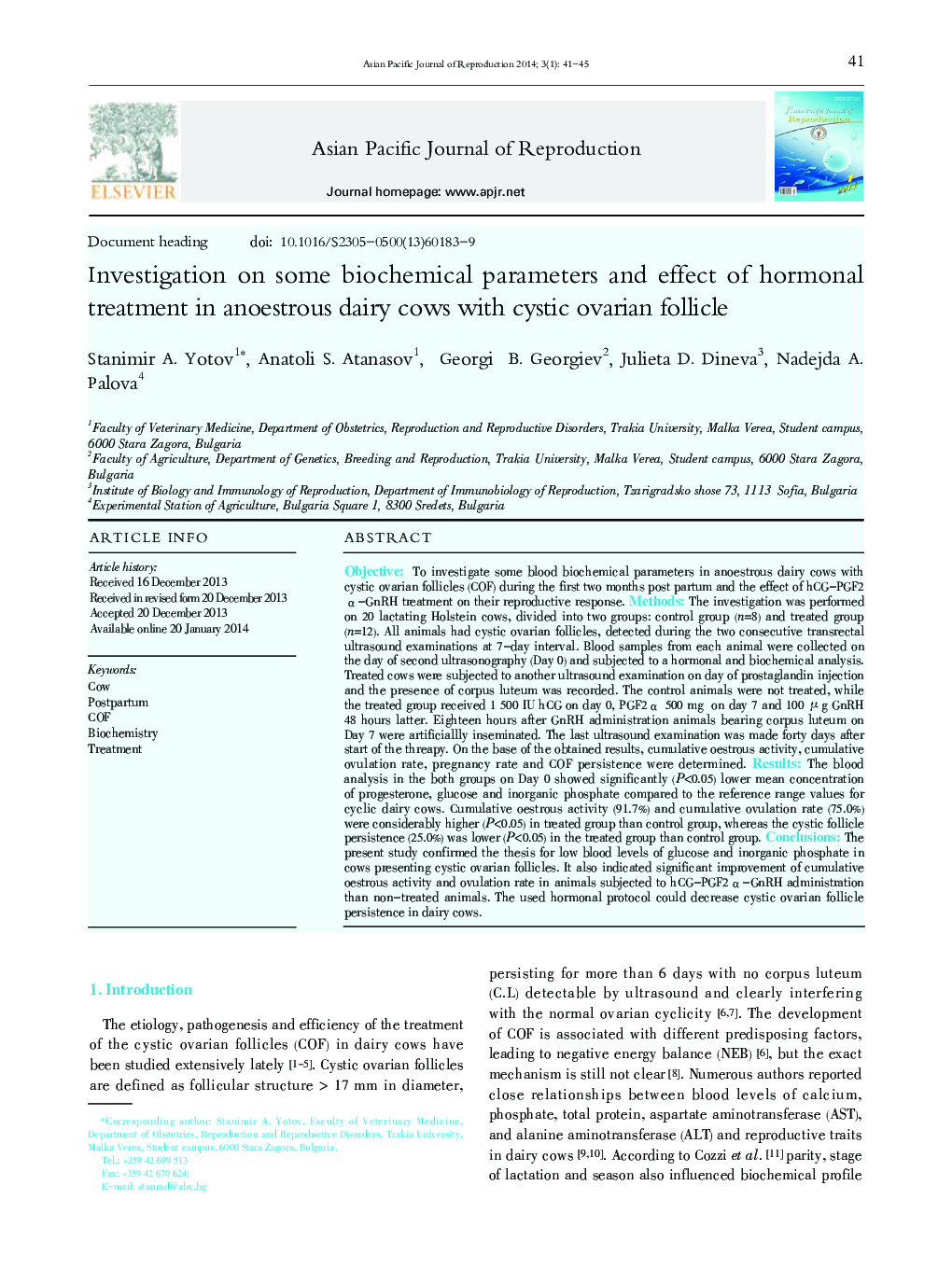 Investigation on some biochemical parameters and effect of hormonal treatment in anoestrous dairy cows with cystic ovarian follicle 