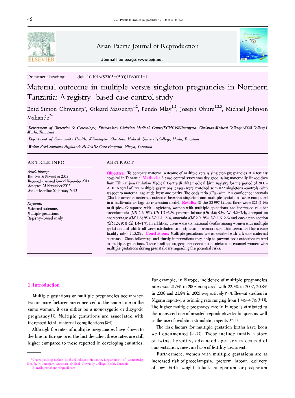 Maternal outcome in multiple versus singleton pregnancies in Northern Tanzania: A registry-based case control study 