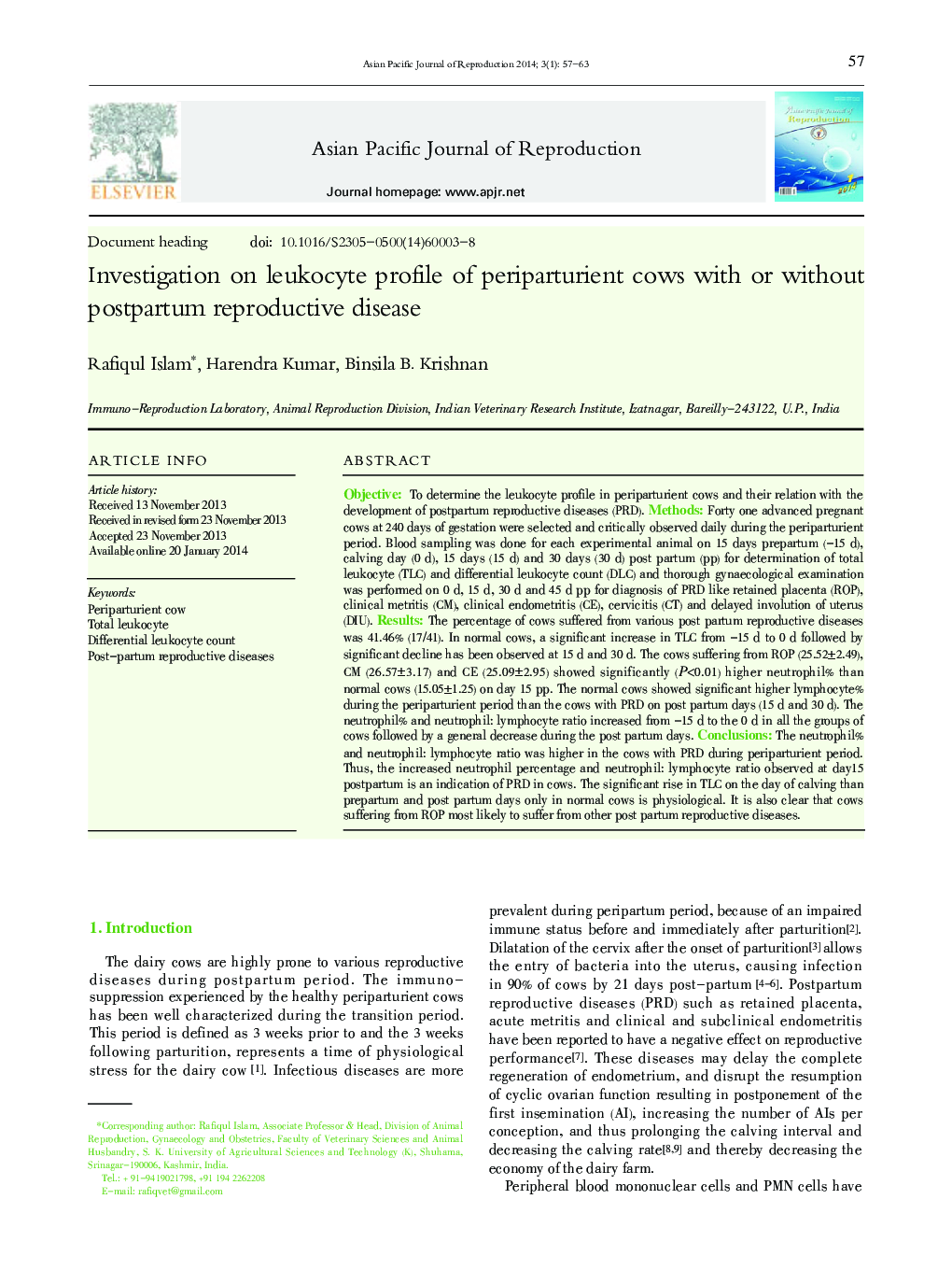 Investigation on leukocyte profile of periparturient cows with or without postpartum reproductive disease 