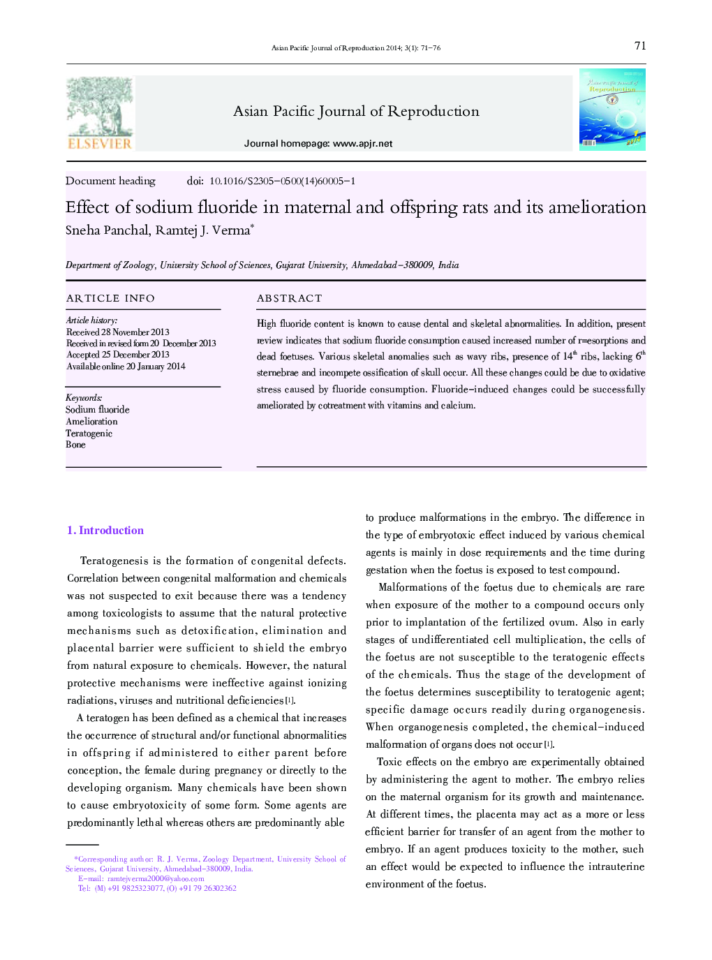 Effect of sodium fluoride in maternal and offspring rats and its amelioration 