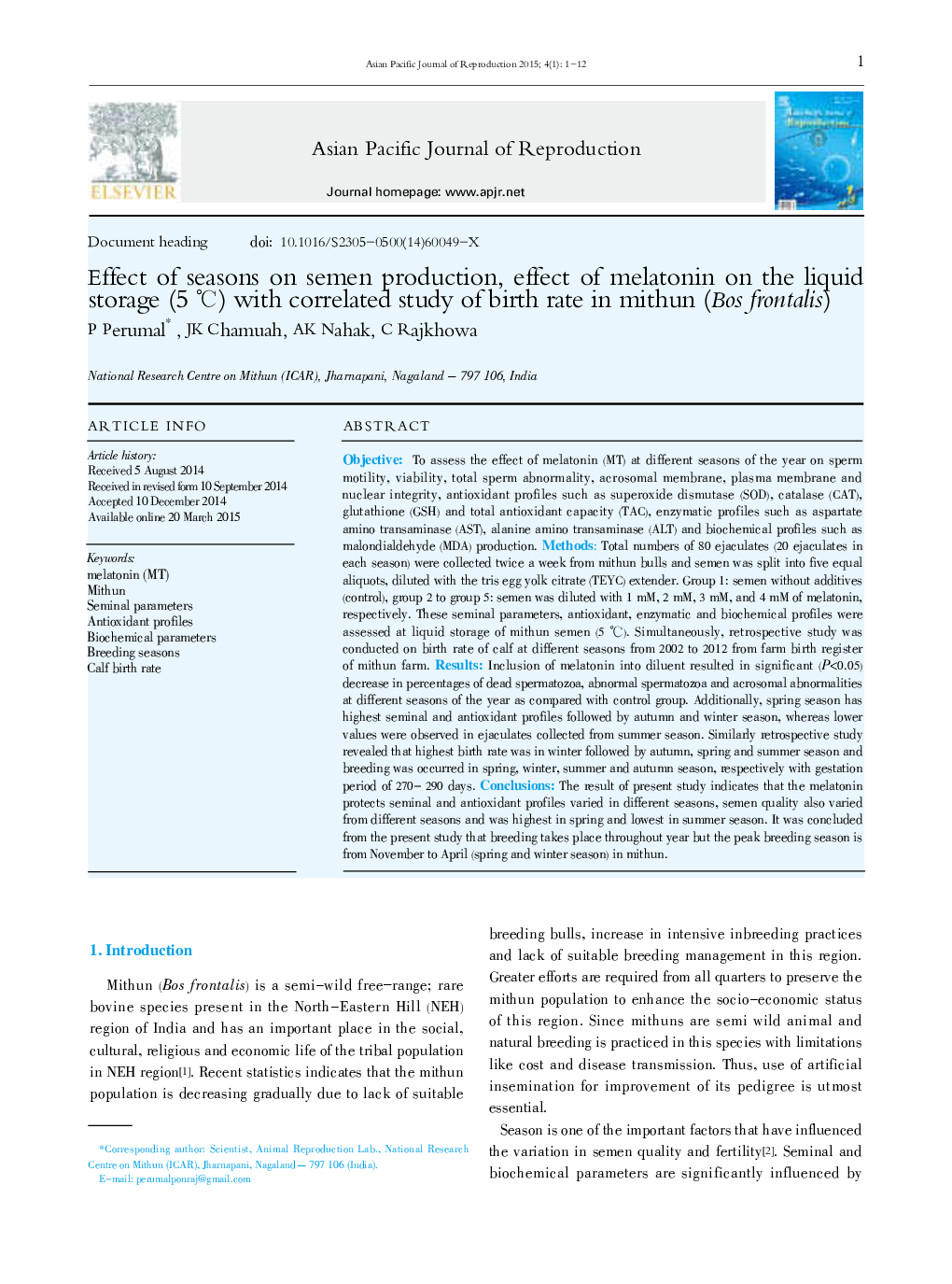 Effect of seasons on semen production, effect of melatonin on the liquid storage (5 °C) with correlated study of birth rate in mithun (Bos frontalis) 