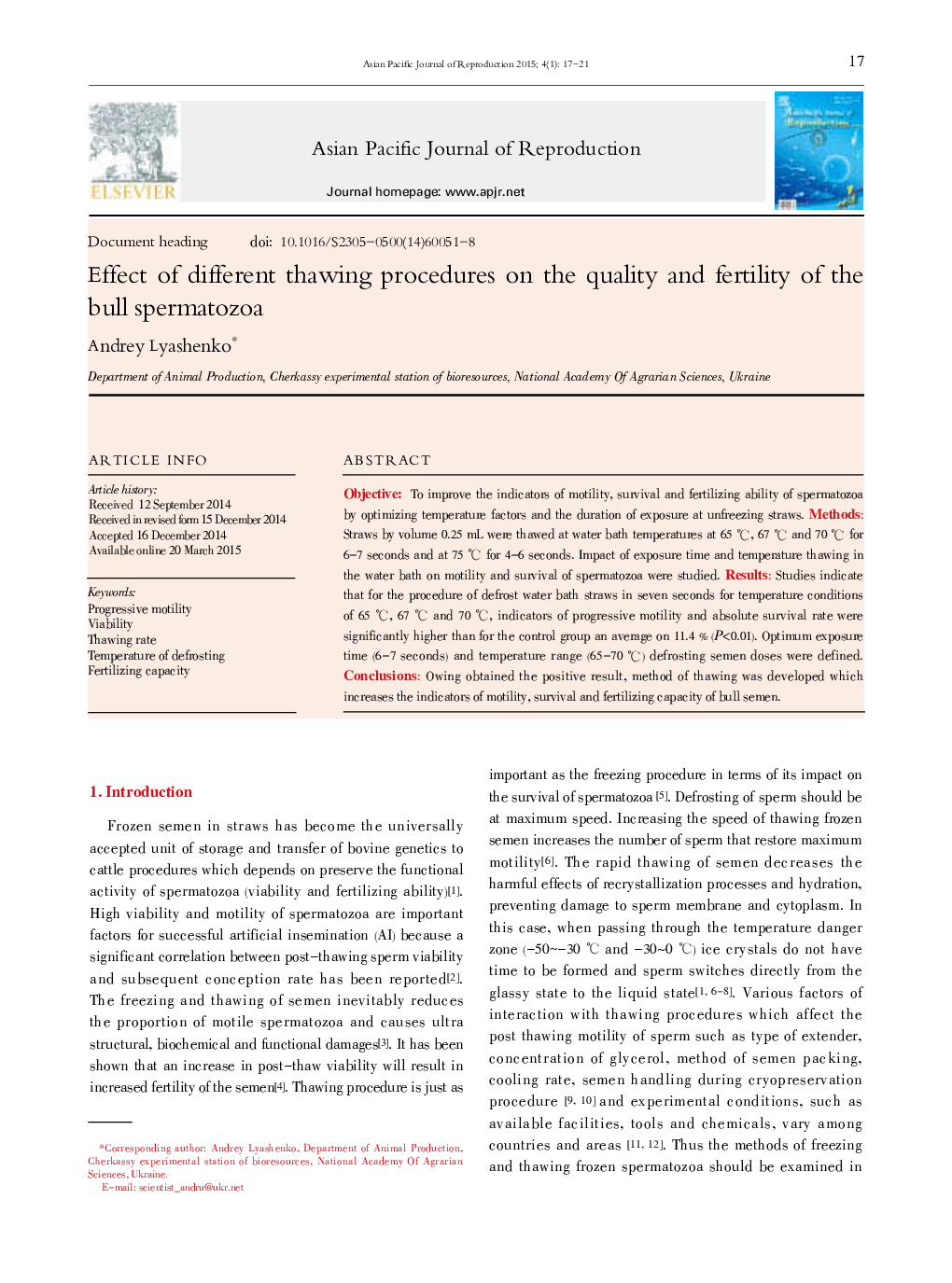 Effect of different thawing procedures on the quality and fertility of the bull spermatozoa 