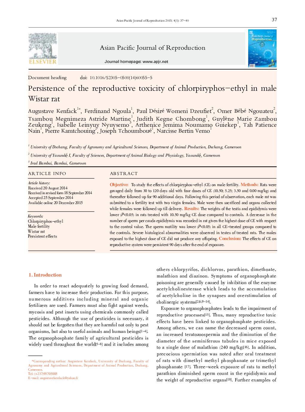 Persistence of the reproductive toxicity of chlorpiryphos-ethyl in male Wistar rat 