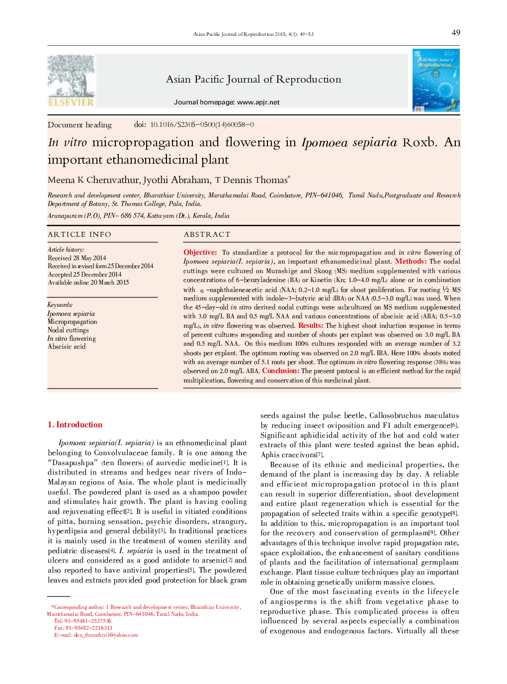 In vitro micropropagation and flowering in Ipomoea sepiaria Roxb. An important ethanomedicinal plant 