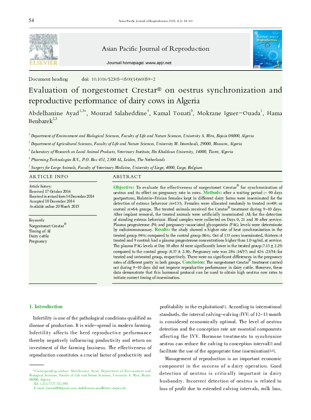 Evaluation of norgestomet Crestar® on oestrus synchronization and reproductive performance of dairy cows in Algeria 
