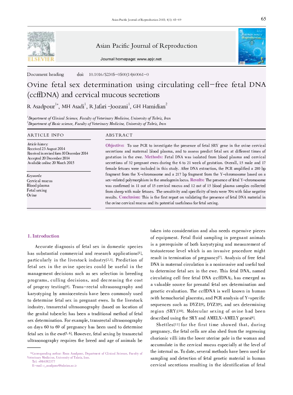 Ovine fetal sex determination using circulating cell-free fetal DNA (ccffDNA) and cervical mucous secretions 