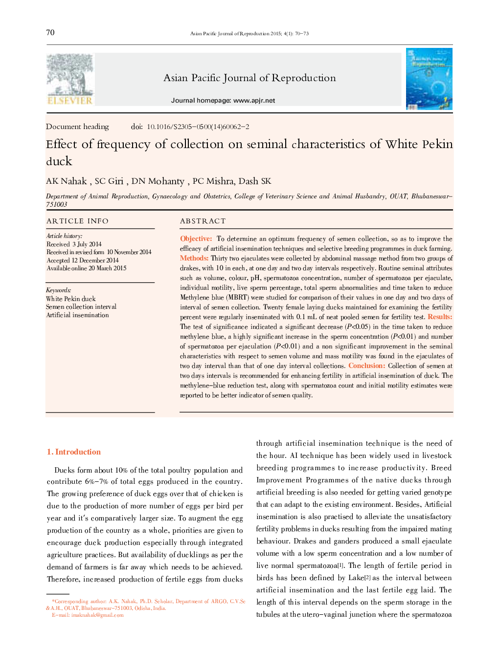 Effect of frequency of collection on seminal characteristics of White Pekin duck 
