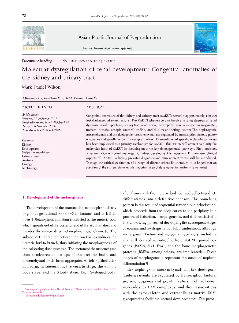 Molecular dysregulation of renal development: Congenital anomalies of the kidney and urinary tract 