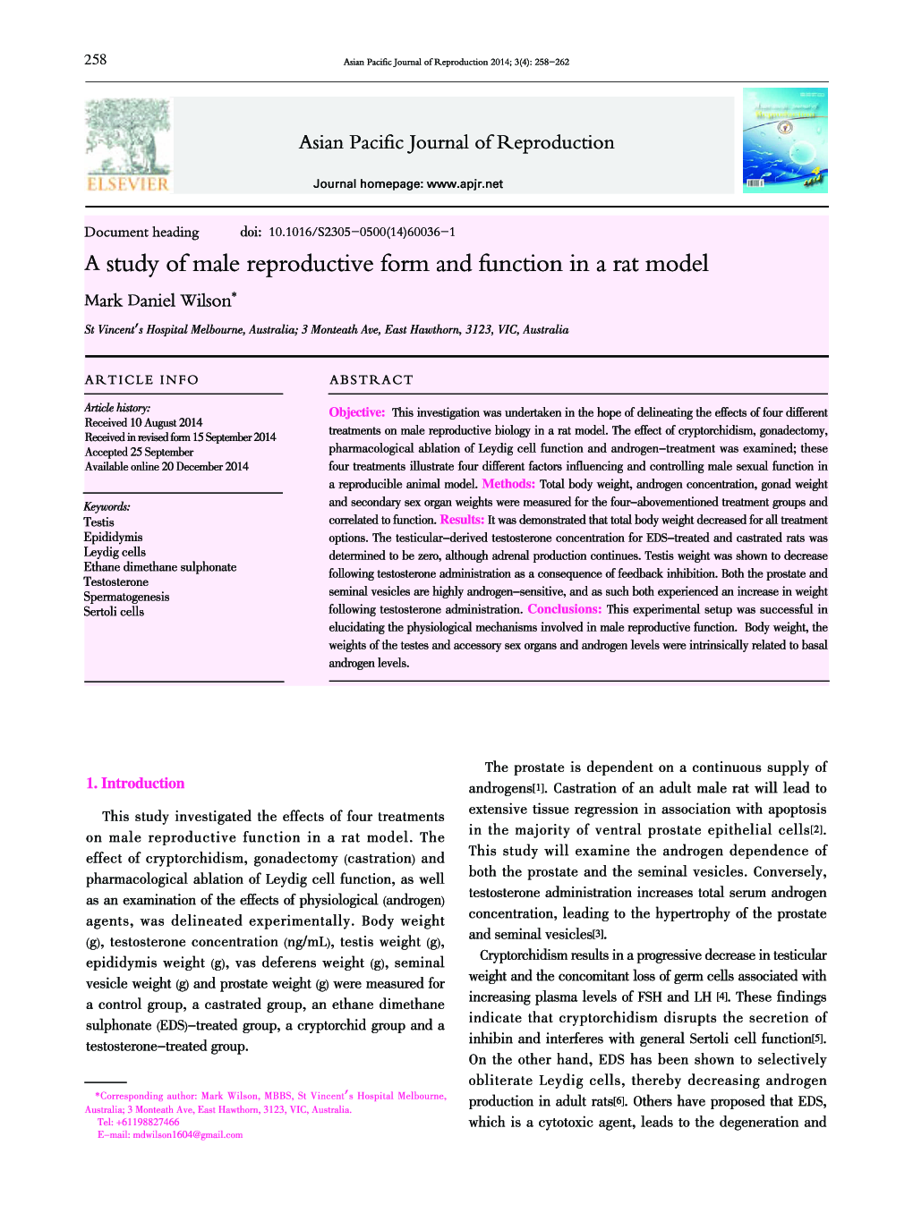 A study of male reproductive form and function in a rat model 