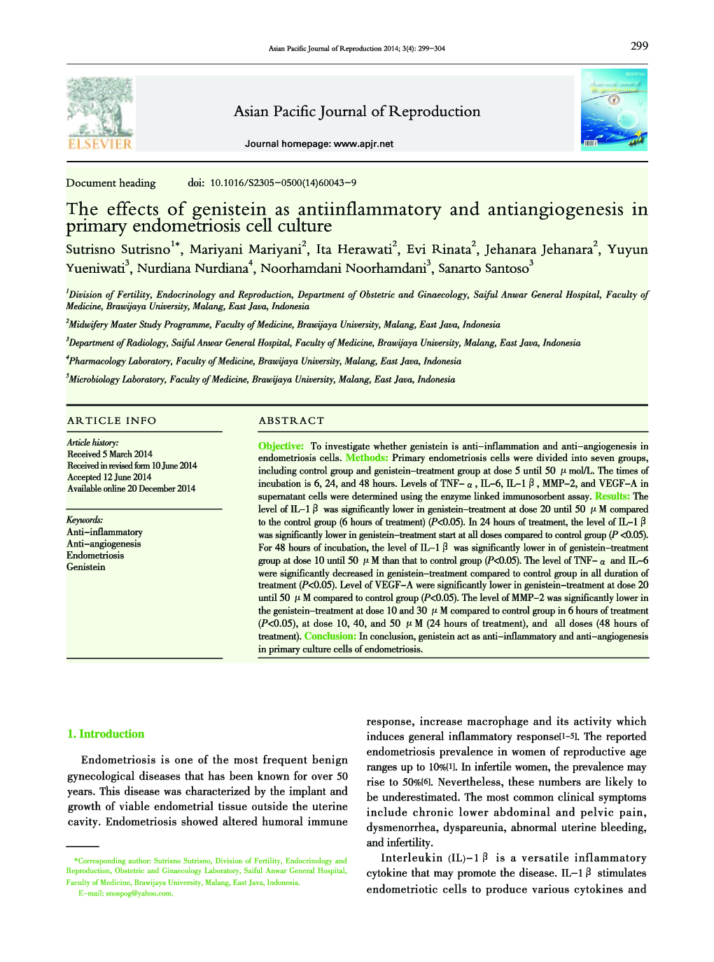 The effects of genistein as antiinflammatory and antiangiogenesis in primary endometriosis cell culture 