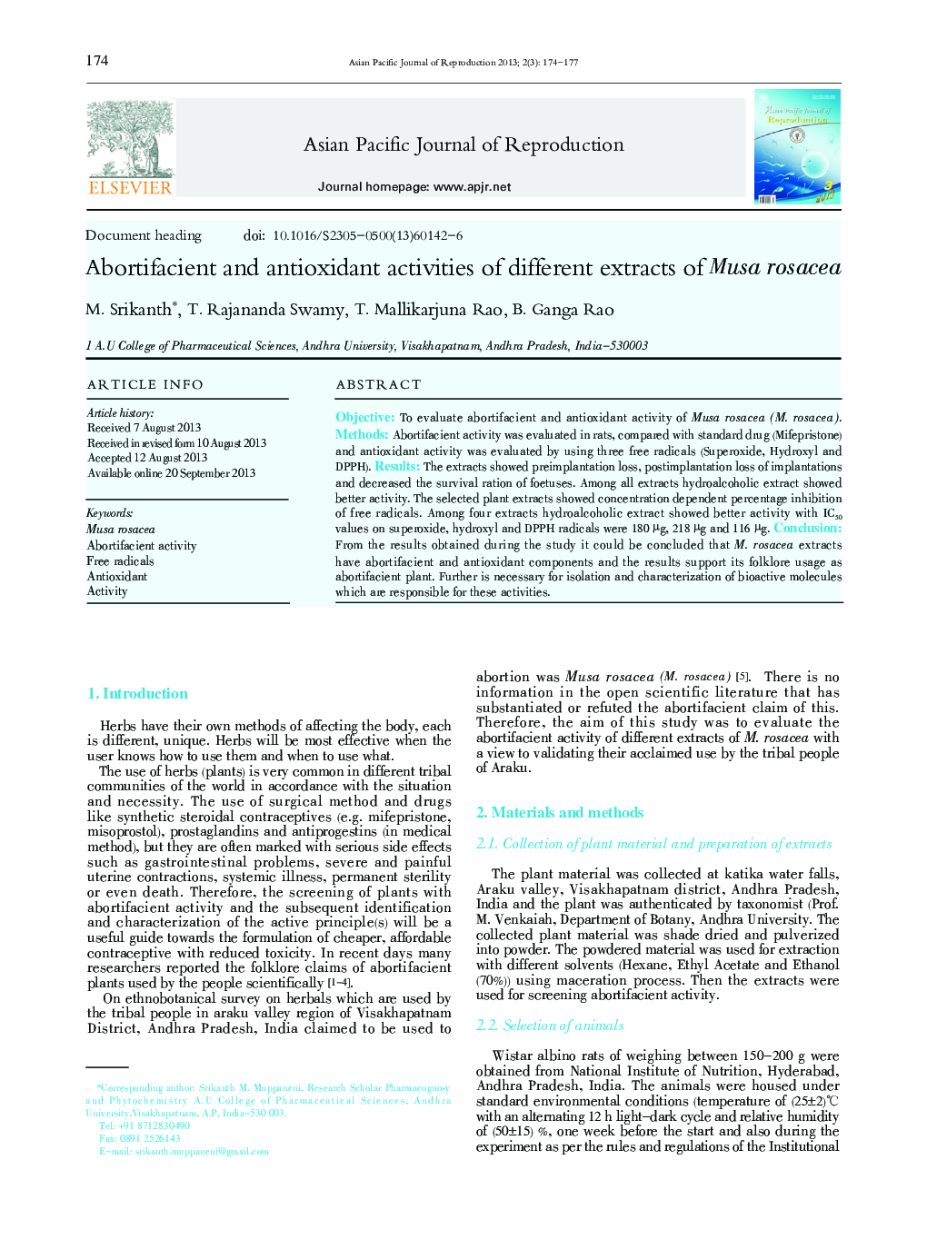 Abortifacient and antioxidant activities of different extracts of Musa rosacea 