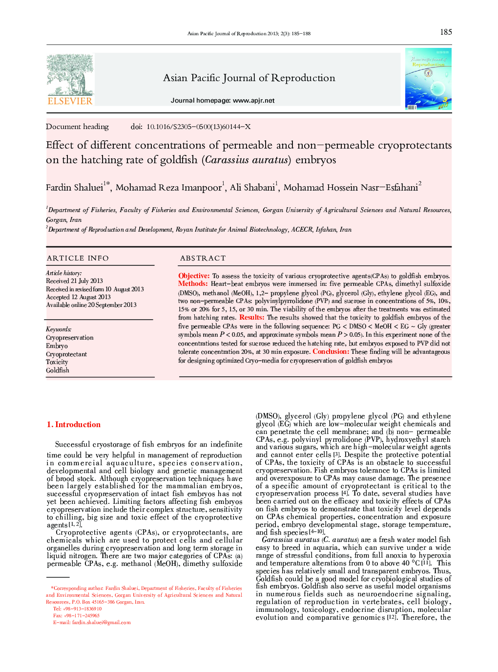 Effect of different concentrations of permeable and non–permeable cryoprotectants on the hatching rate of goldfish (Carassius auratus) embryos 