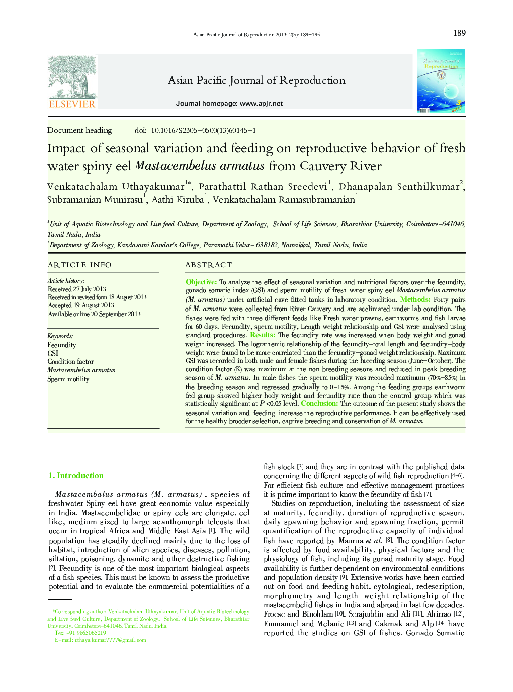 Impact of seasonal variation and feeding on reproductive behavior of fresh water spiny eel Mastacembelus armatus from Cauvery River 
