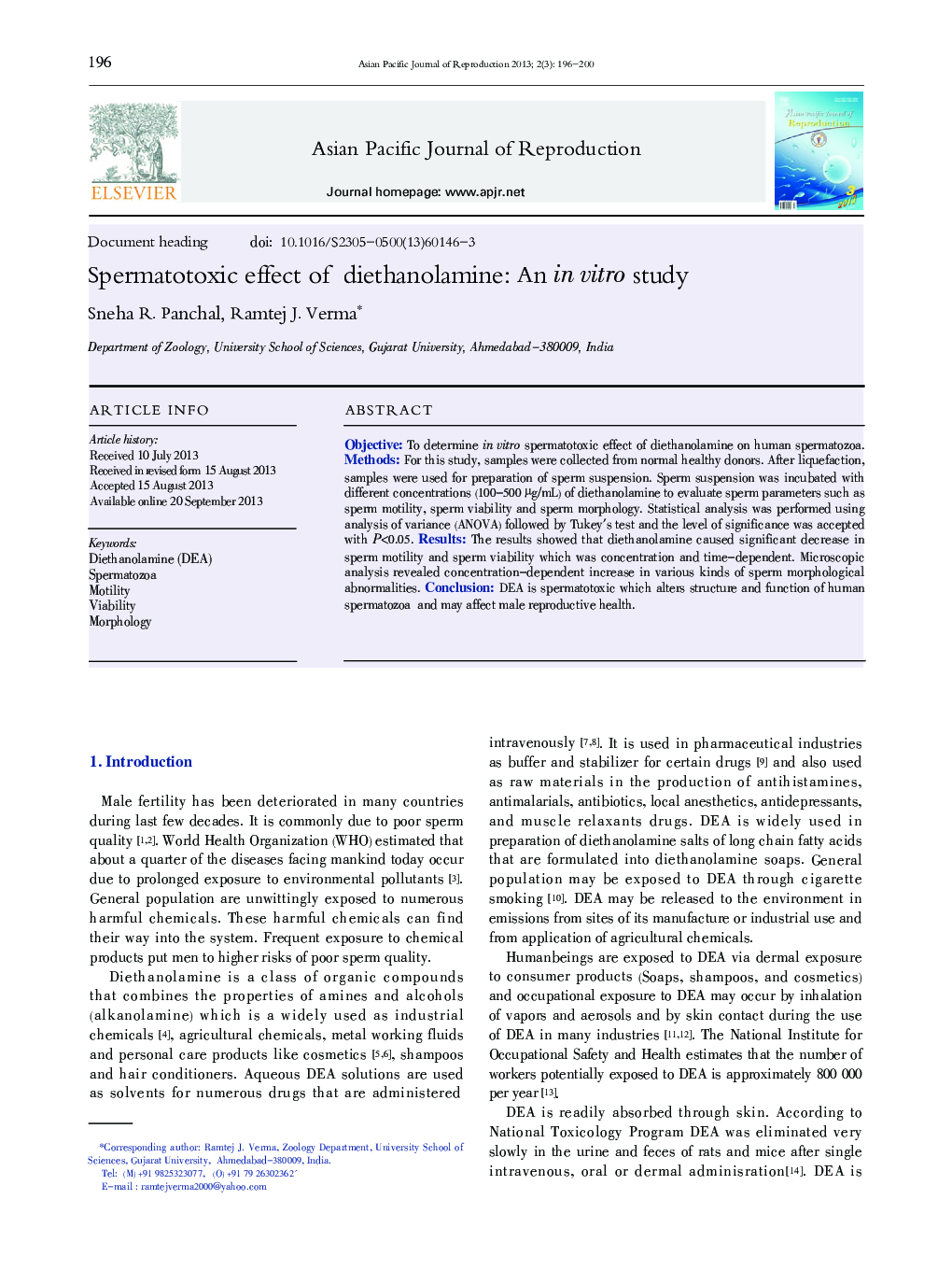 Spermatotoxic effect of diethanolamine: An in vitro study 