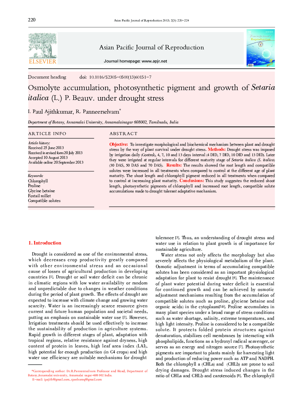 Osmolyte accumulation, photosynthetic pigment and growth of Setaria italica (L.) P. Beauv. under drought stress 