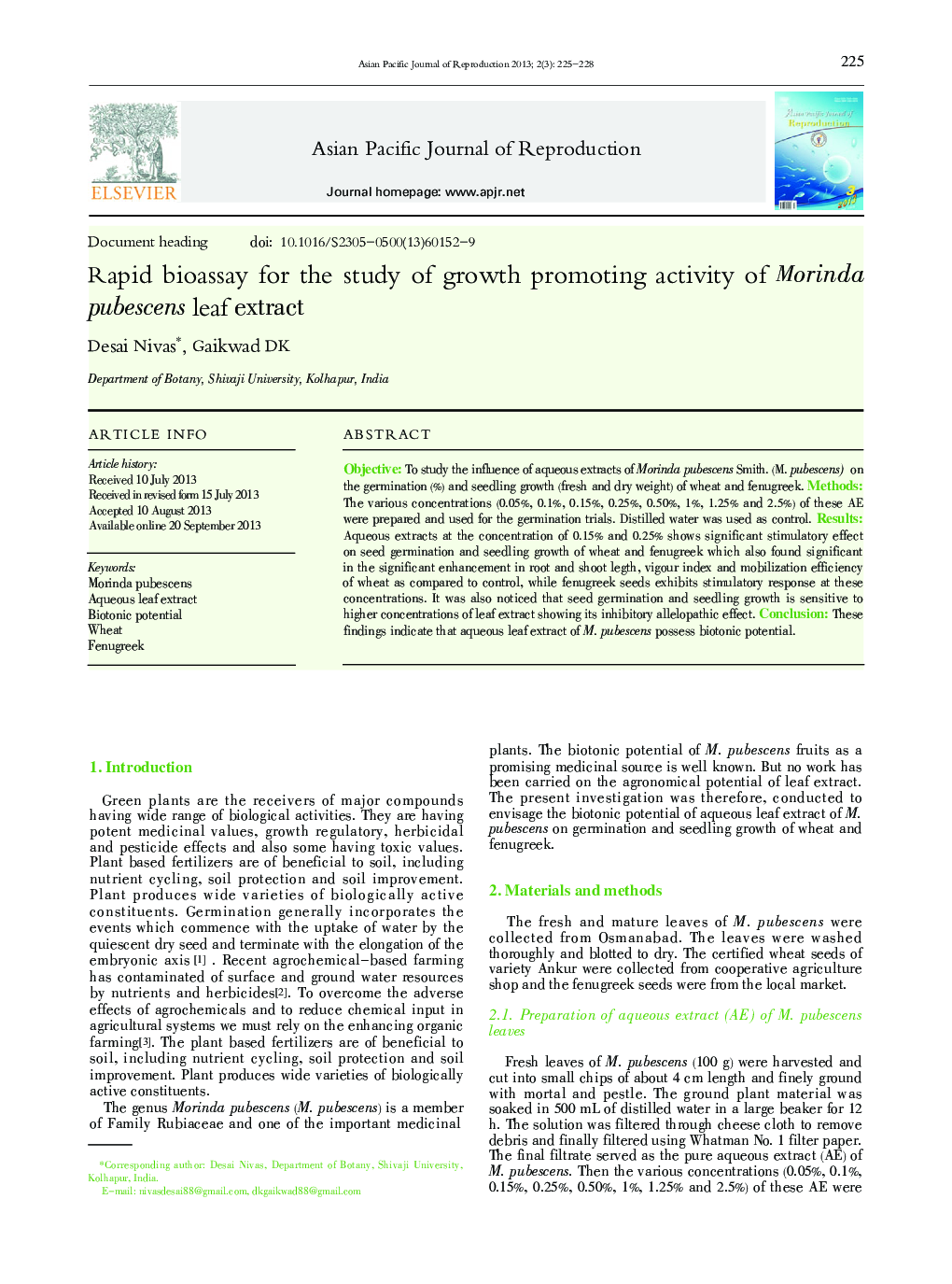 Rapid bioassay for the study of growth promoting activity of Morinda pubescens leaf extract 