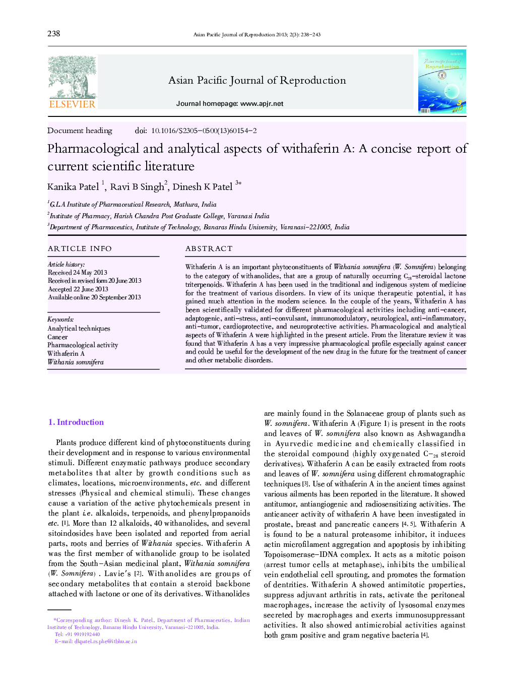 Pharmacological and analytical aspects of withaferin A: A concise report of current scientific literature 