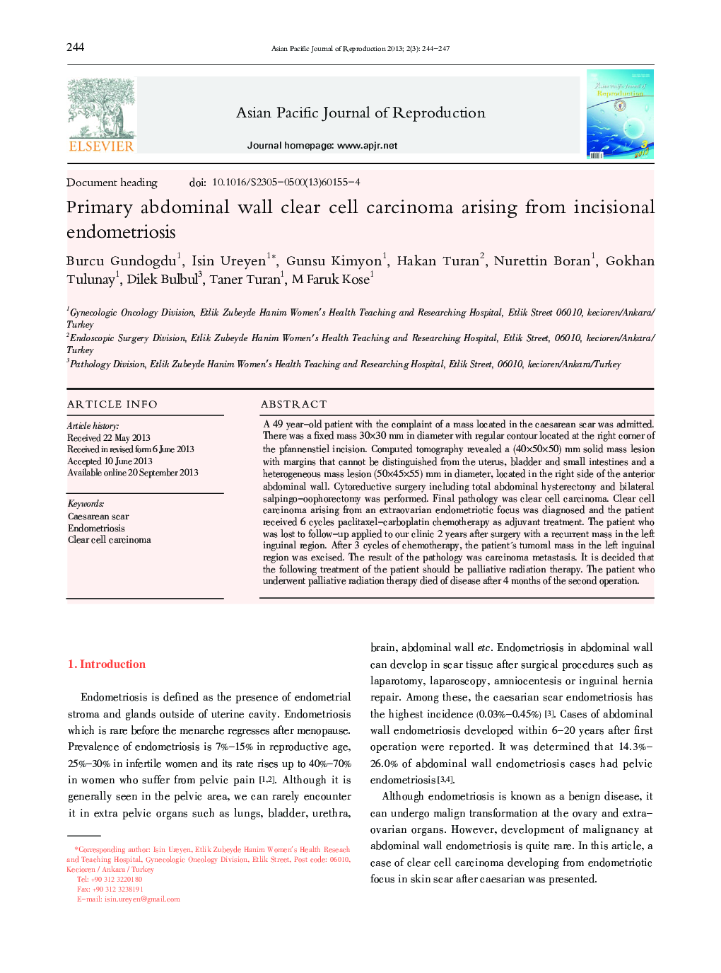 Primary abdominal wall clear cell carcinoma arising from incisional endometriosis 