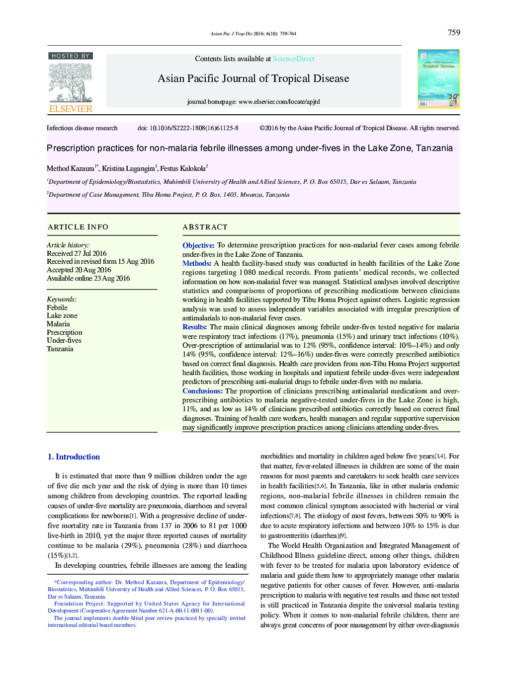 Prescription practices for non-malaria febrile illnesses among under-fives in the Lake Zone, Tanzania 