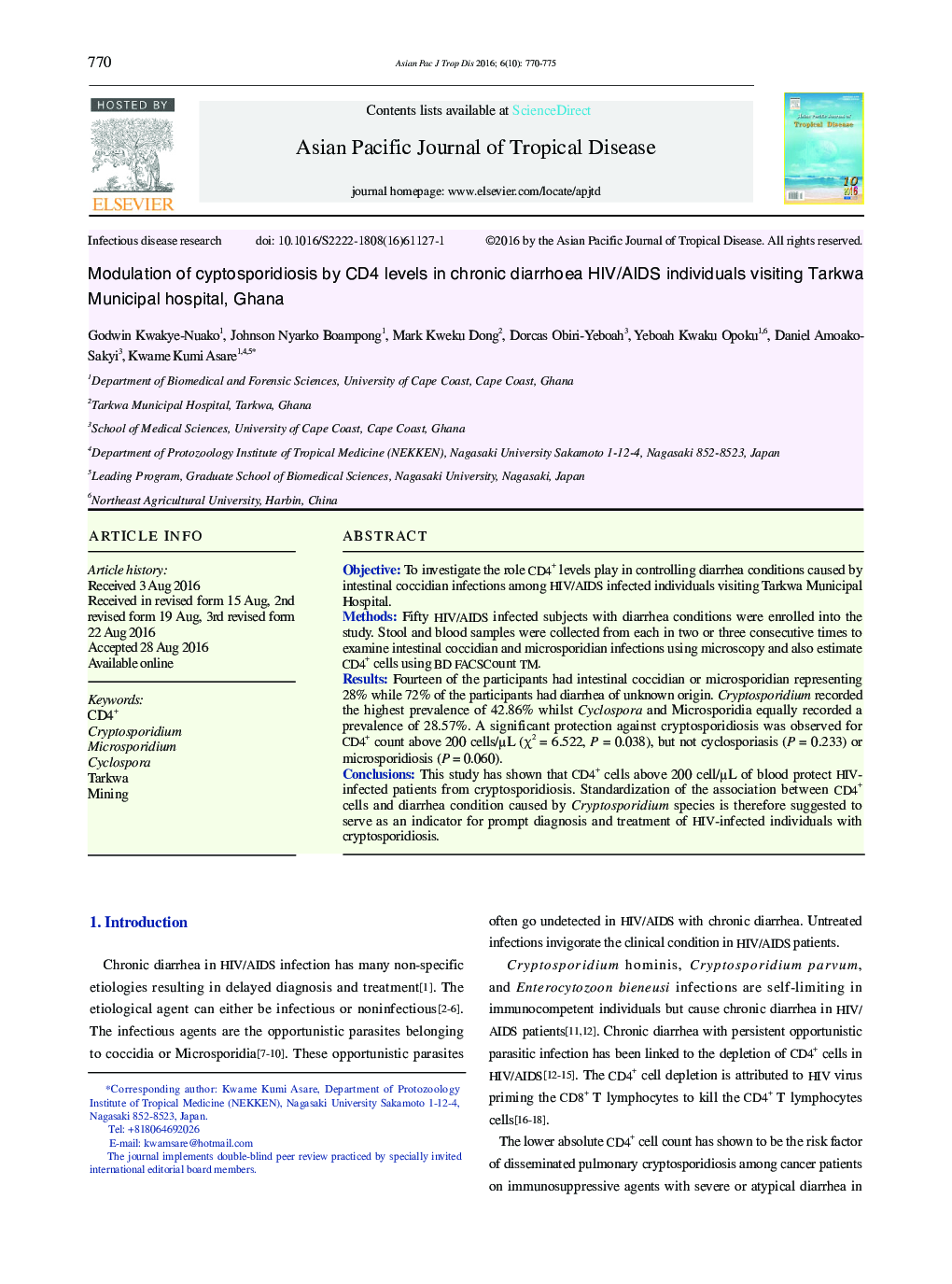 Modulation of cyptosporidiosis by CD4 levels in chronic diarrhoea HIV/AIDS individuals visiting Tarkwa Municipal hospital, Ghana 