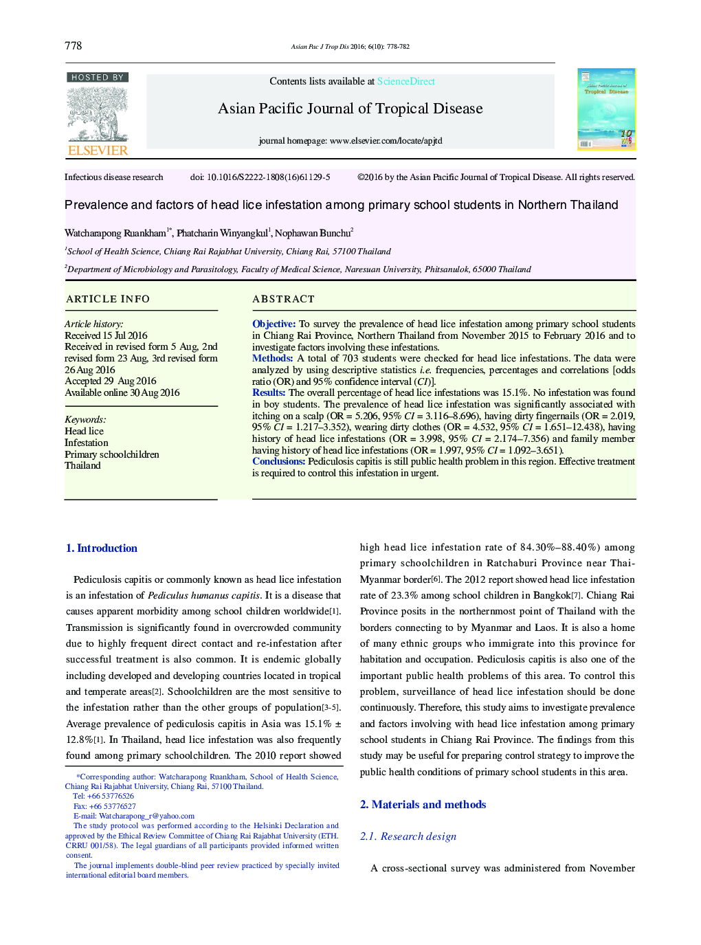 Prevalence and factors of head lice infestation among primary school students in Northern Thailand 