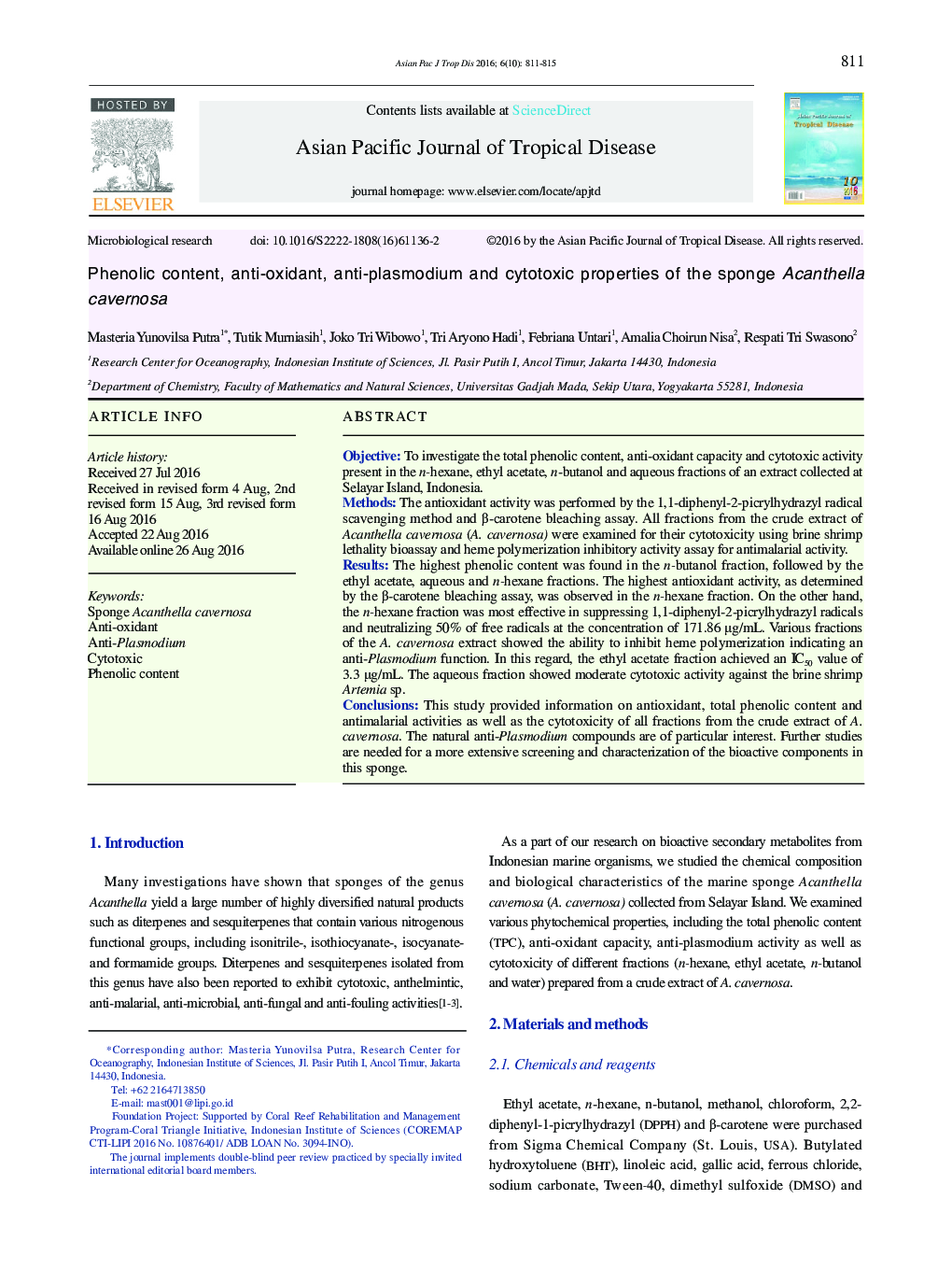 Phenolic content, anti-oxidant, anti-plasmodium and cytotoxic properties of the sponge Acanthella cavernosa 