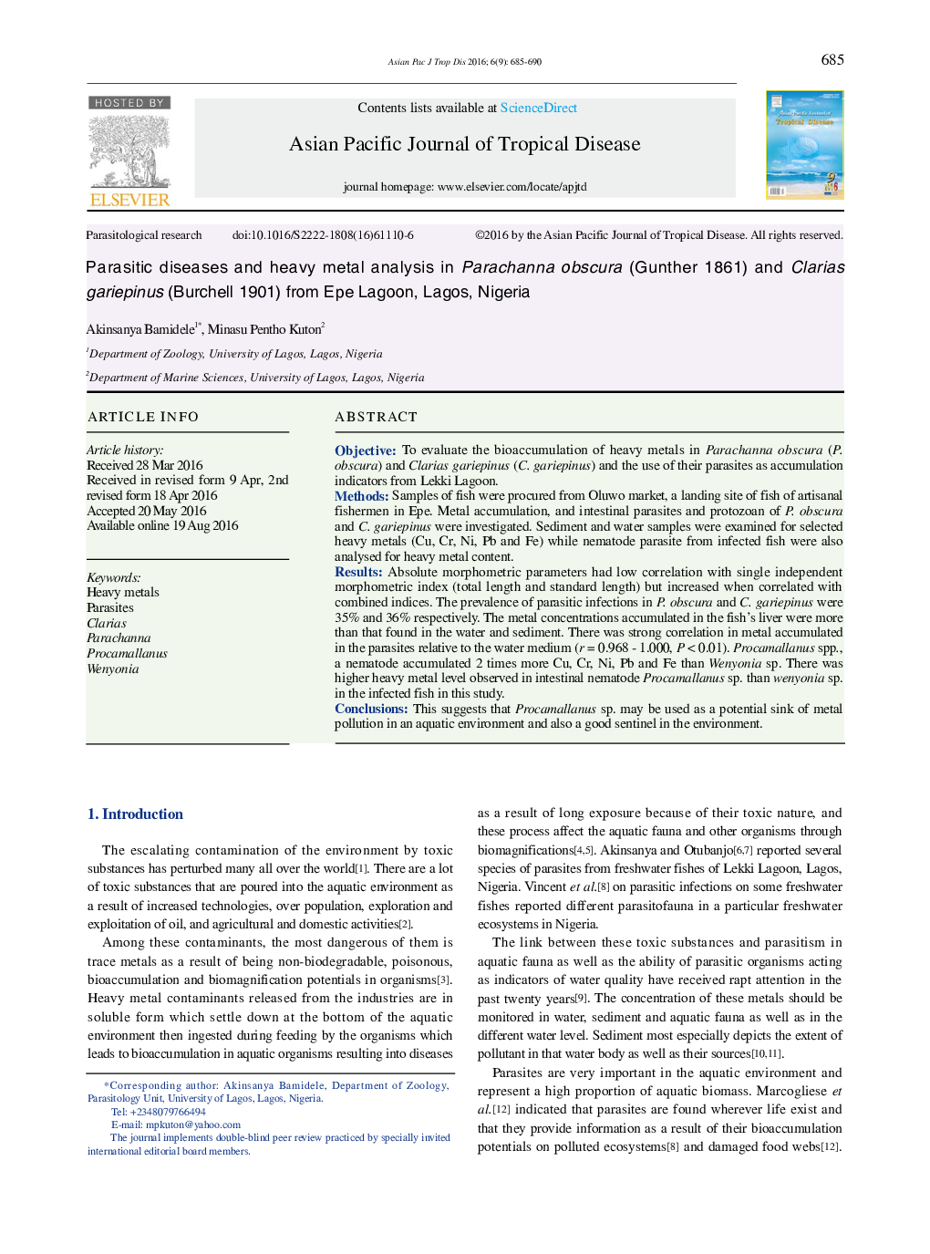 Parasitic diseases and heavy metal analysis in Parachanna obscura (Gunther 1861) and Clarias gariepinus (Burchell 1901) from Epe Lagoon, Lagos, Nigeria 