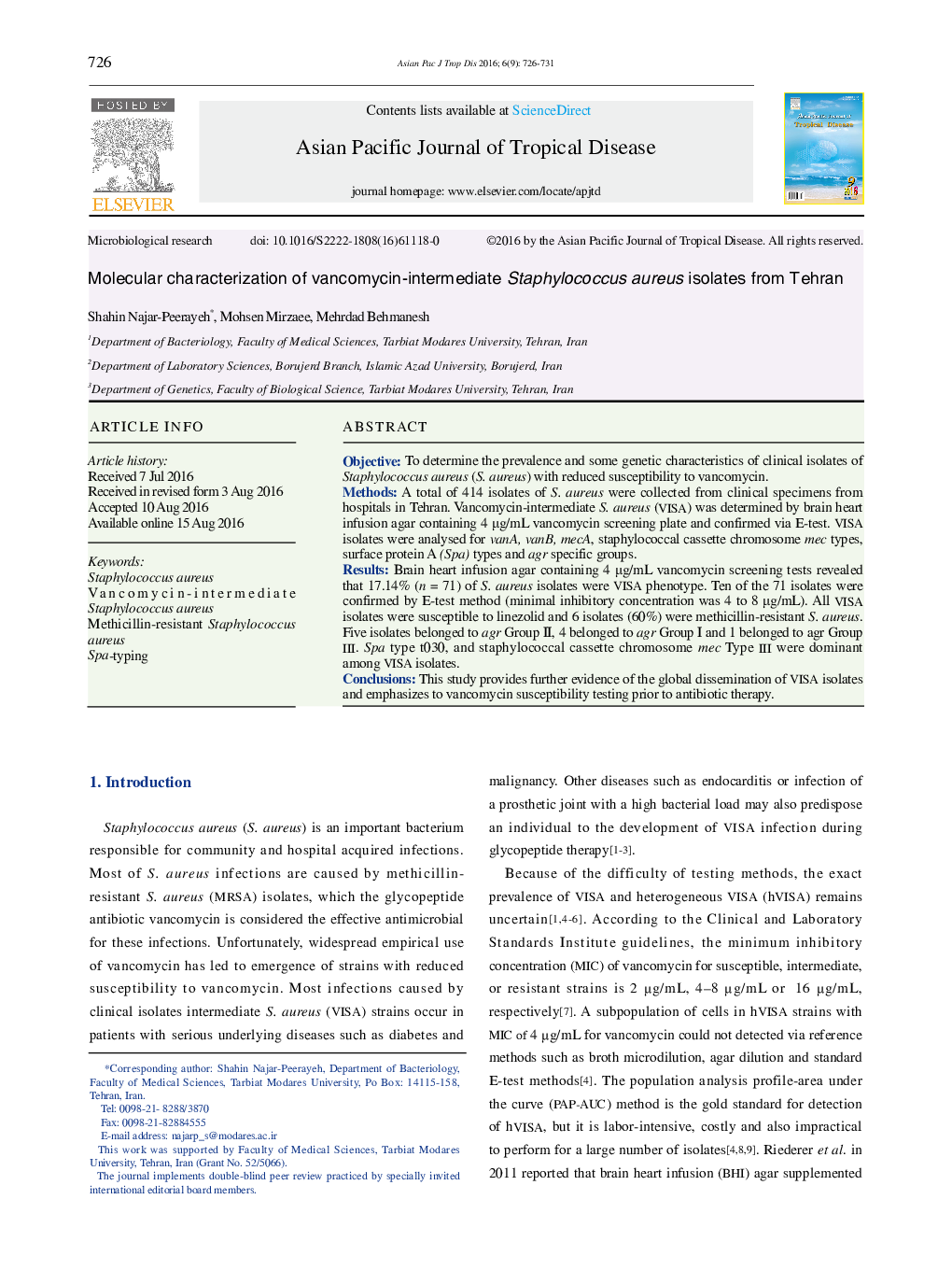 Molecular characterization of vancomycin-intermediate Staphylococcus aureus isolates from Tehran 