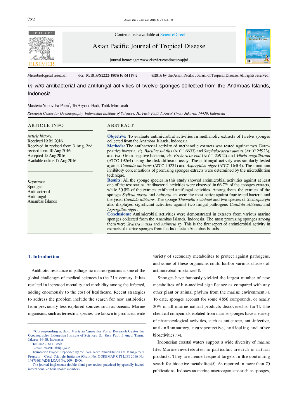 In vitro antibacterial and antifungal activities of twelve sponges collected from the Anambas Islands, Indonesia 