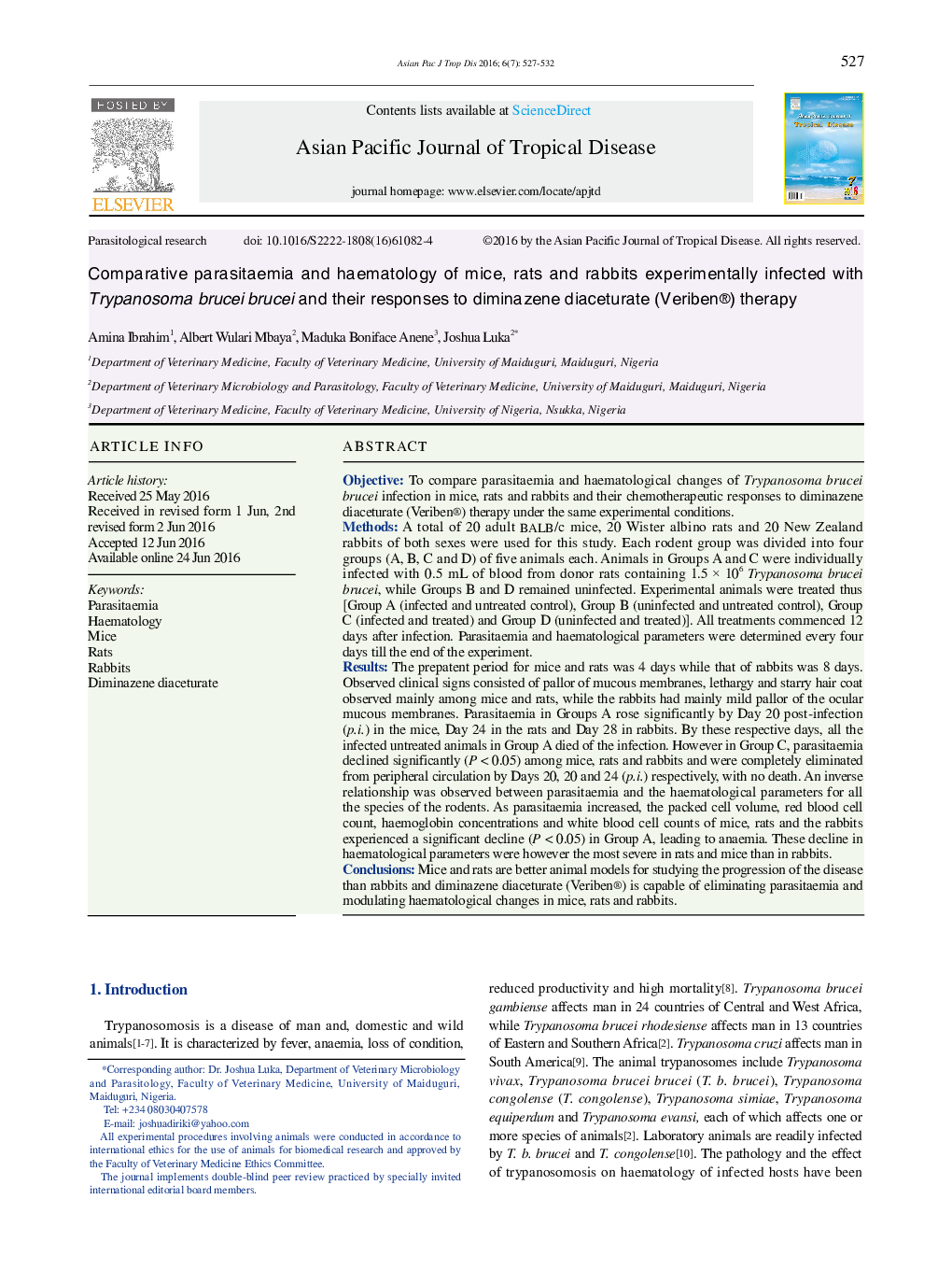 Comparative parasitaemia and haematology of mice, rats and rabbits experimentally infected with Trypanosoma brucei brucei and their responses to diminazene diaceturate (Veriben®) therapy 