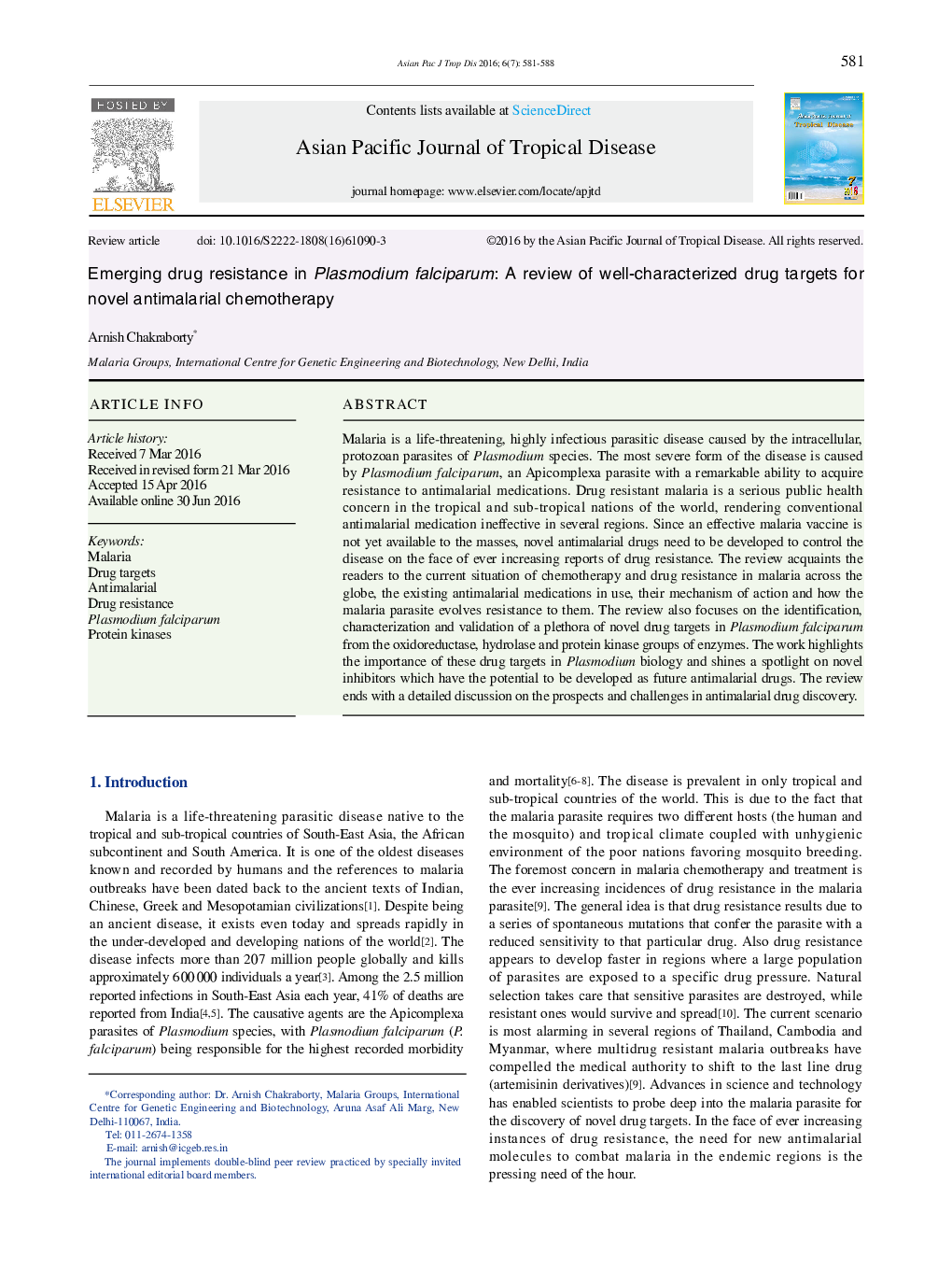 Emerging drug resistance in Plasmodium falciparum: A review of well-characterized drug targets for novel antimalarial chemotherapy 