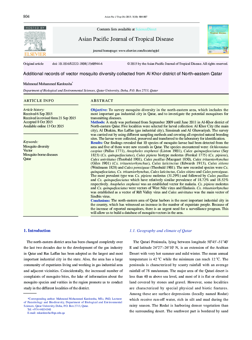 Additional records of vector mosquito diversity collected from Al Khor district of North-eastern Qatar 